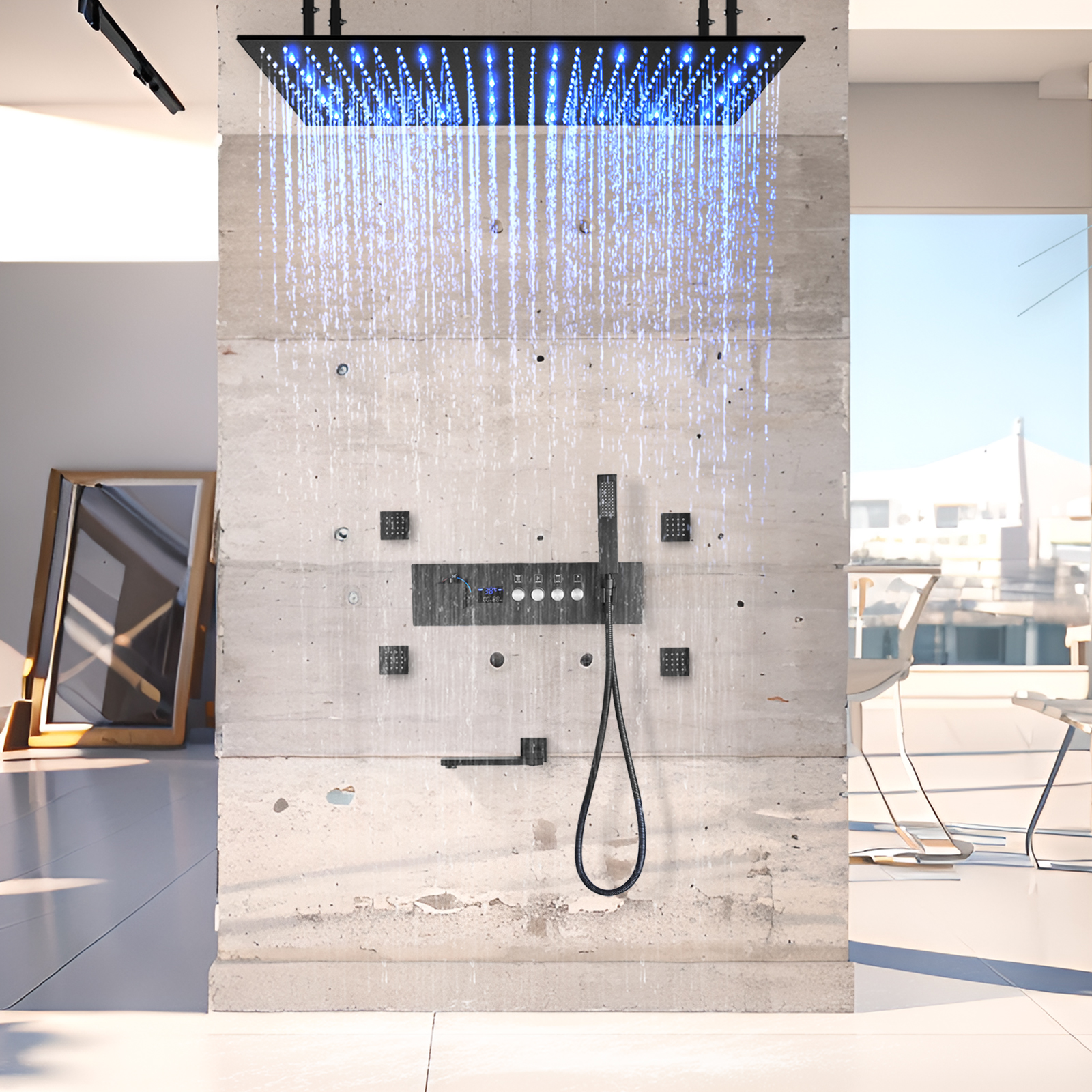 بطة سوداء درجة حرارة ثابتة LED رقم صمام دش مختلط صريح الجسم صنبور حوض استحمام مجموعة نظام رأس الدش