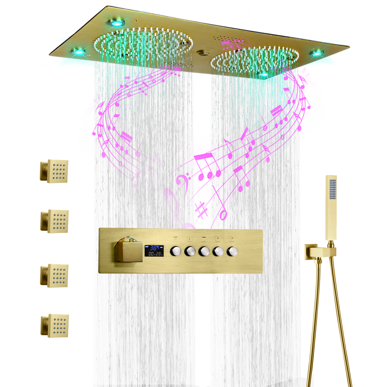 24.5x12.5 بوصة نحى الذهب LED نظام دش الموسيقى مجموعة الحمام دش ارتفاع درجة الحرارة المياه التنين تدليك رئيس حقن