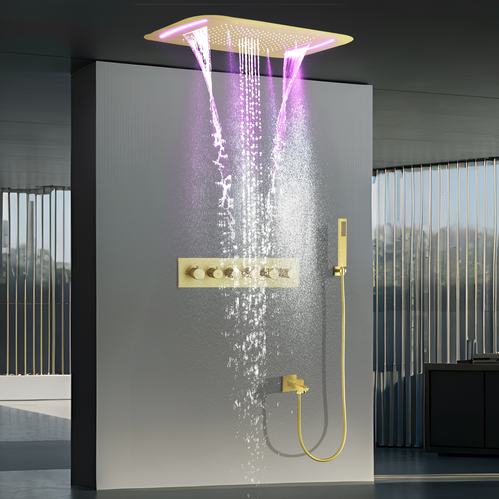 نظام الدش ذو الوزن الداكن مجموعة LED ترموستات حوض استحمام الحمام دش صنبور رذاذ دش رئيس نظام SPA