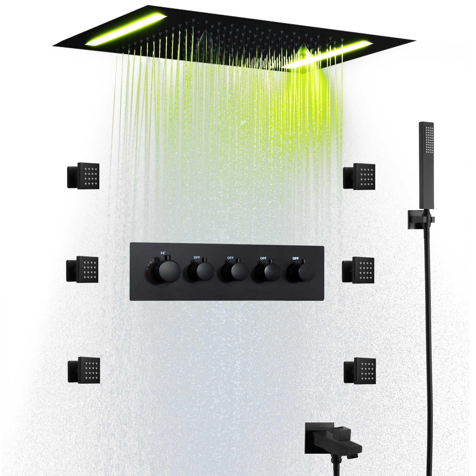 نظام دش بدرجة حرارة ثابتة باللون الأسود غير اللامع مقاس 50 × 36 سم يناسب نظام الدش متعدد الوظائف LED للحمام
