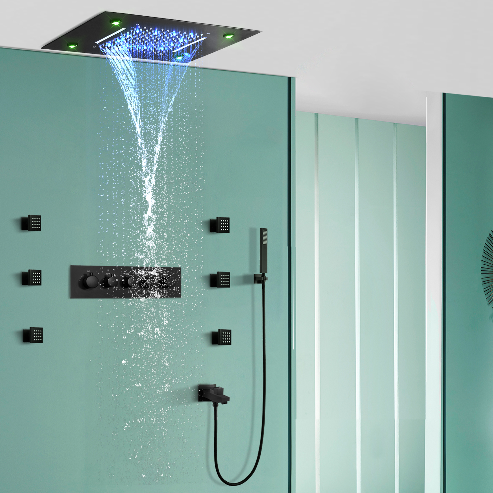 نظام دش حوض الاستحمام LED باللون الأسود غير اللامع، رأس دش مطري للحمام مع مجموعة كومبو محمولة باليد