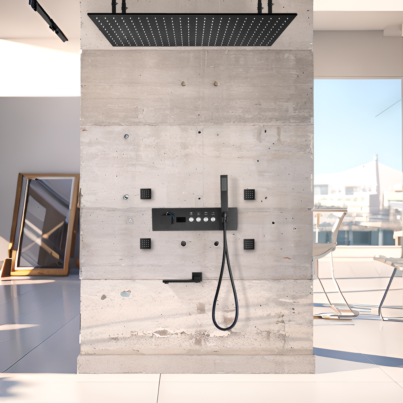 بطة سوداء درجة حرارة ثابتة LED رقم صمام دش مختلط صريح الجسم صنبور حوض استحمام مجموعة نظام رأس الدش