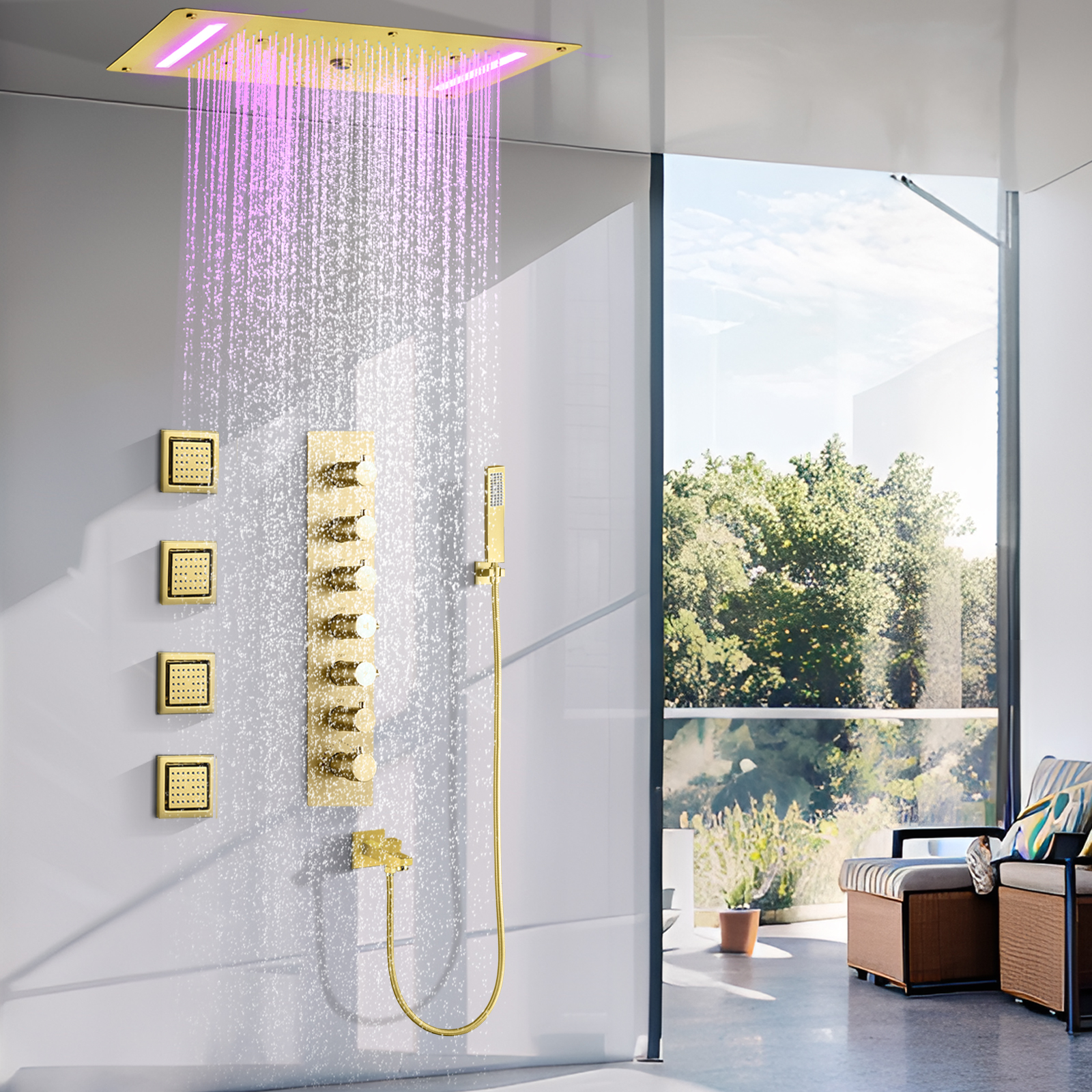 70x38 سنتيمتر نحى الذهب دش جناح معلق خلاط مخفي LED غرفة الاستحمام الحمام صنبور الماء نظام التدليك