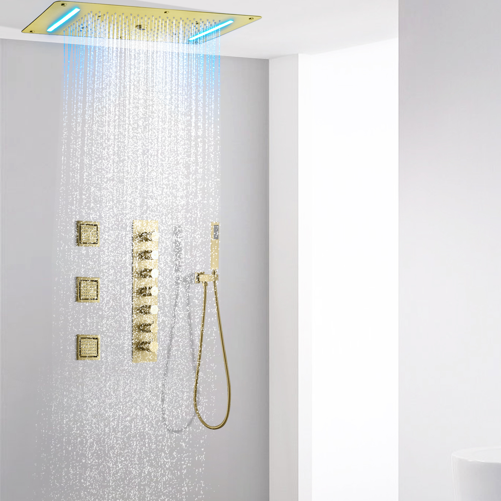 الفاخرة نحى الذهب الحمام أخفى نظام دش LED شلال المطر دش صنبور رذاذ عمود دوُش استحمام تدليك مجموعة