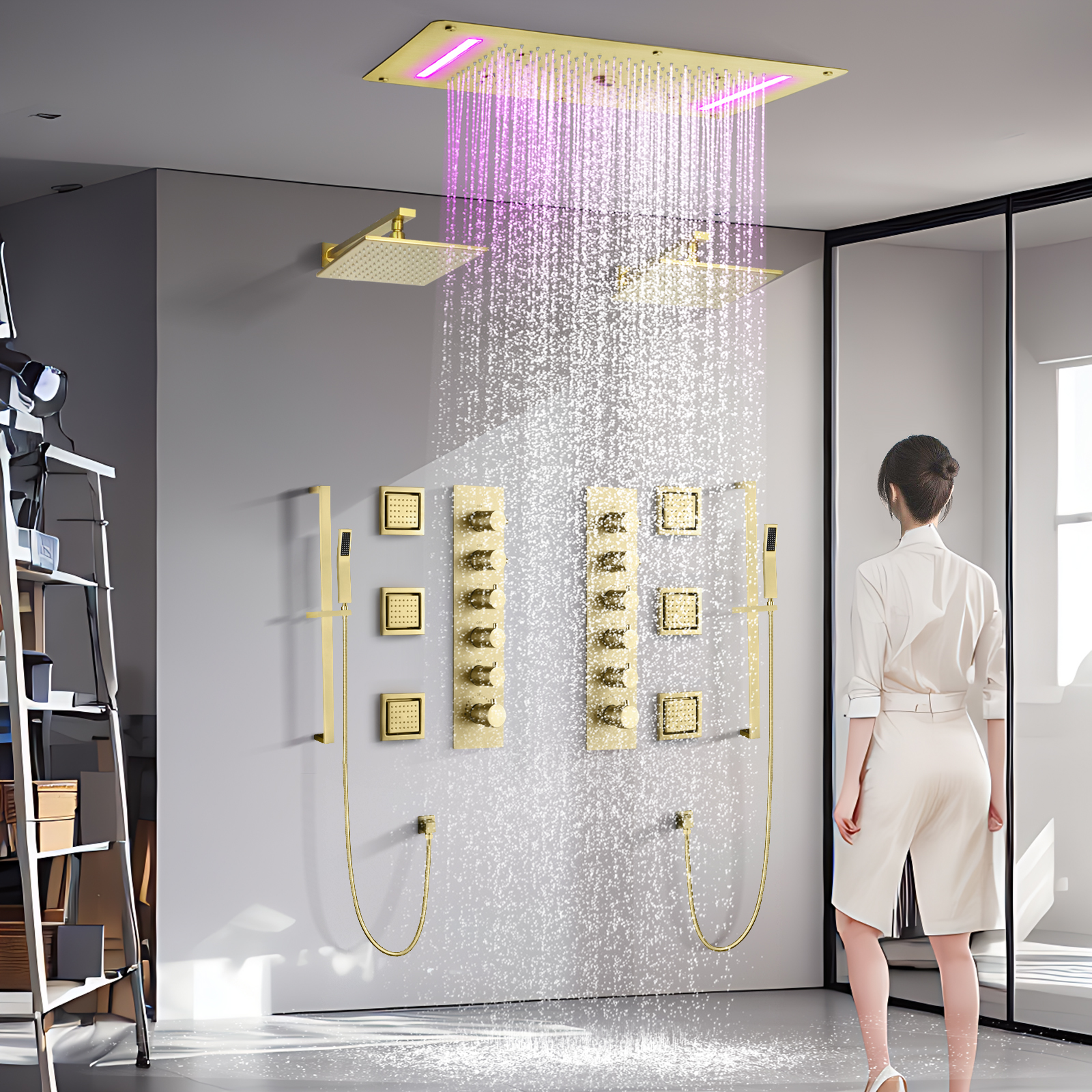 تدفق كبير جدًا LED لسقف الحمام الحديث نظام دش شلال الأمطار صنبور دش نحاسي