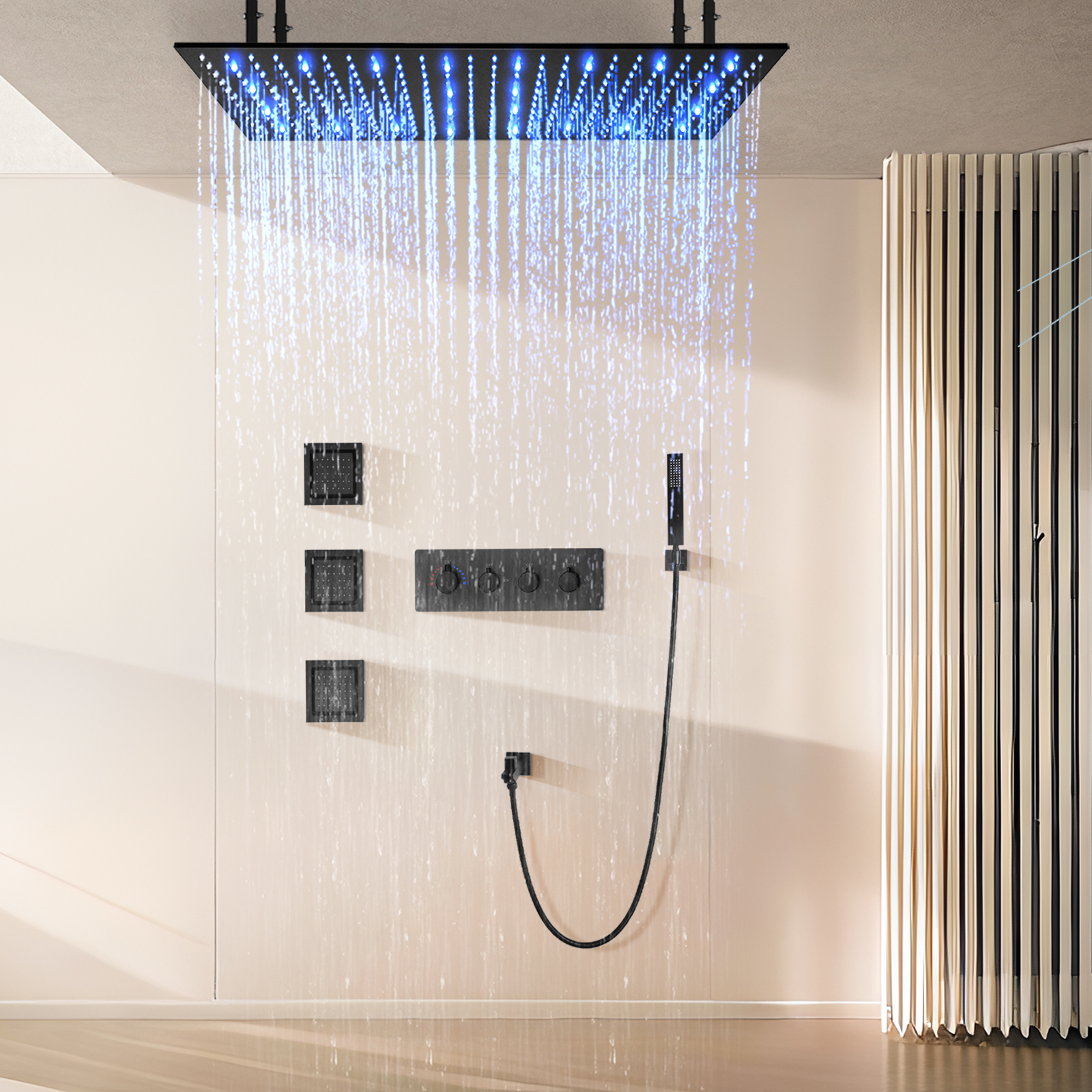 الحائط النحاس ماتي الأسود 100x50 سنتيمتر دش المطر رئيس نظام أربعة وظيفة الحمام LED دش كيت