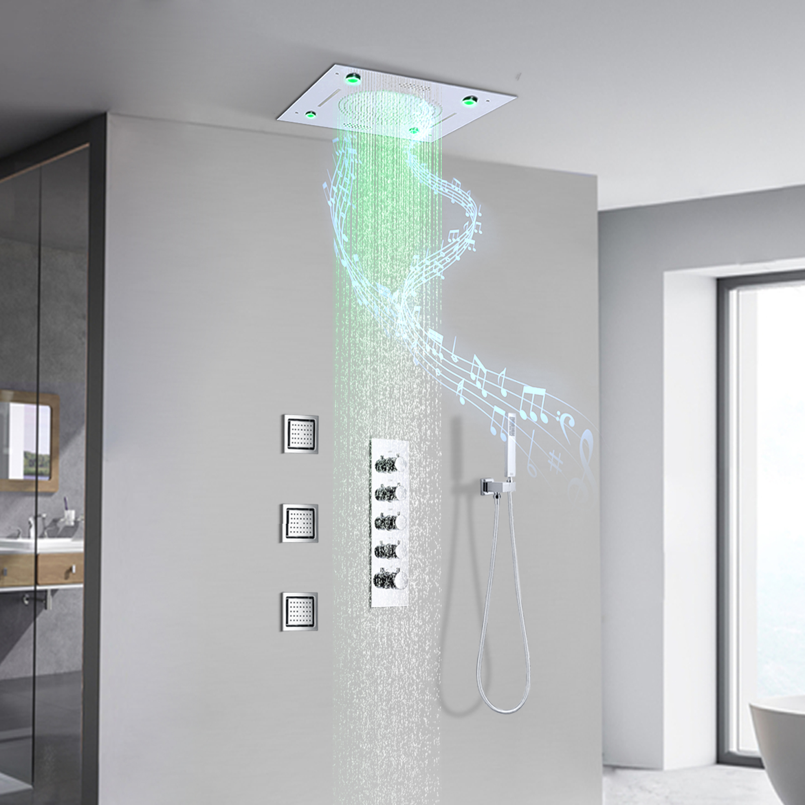 مطلي بالكروم دش صنبور نظام فوهة LED الموسيقى ترموستات دش مجموعة النحاس مجموعة دش مثبتة على الحائط