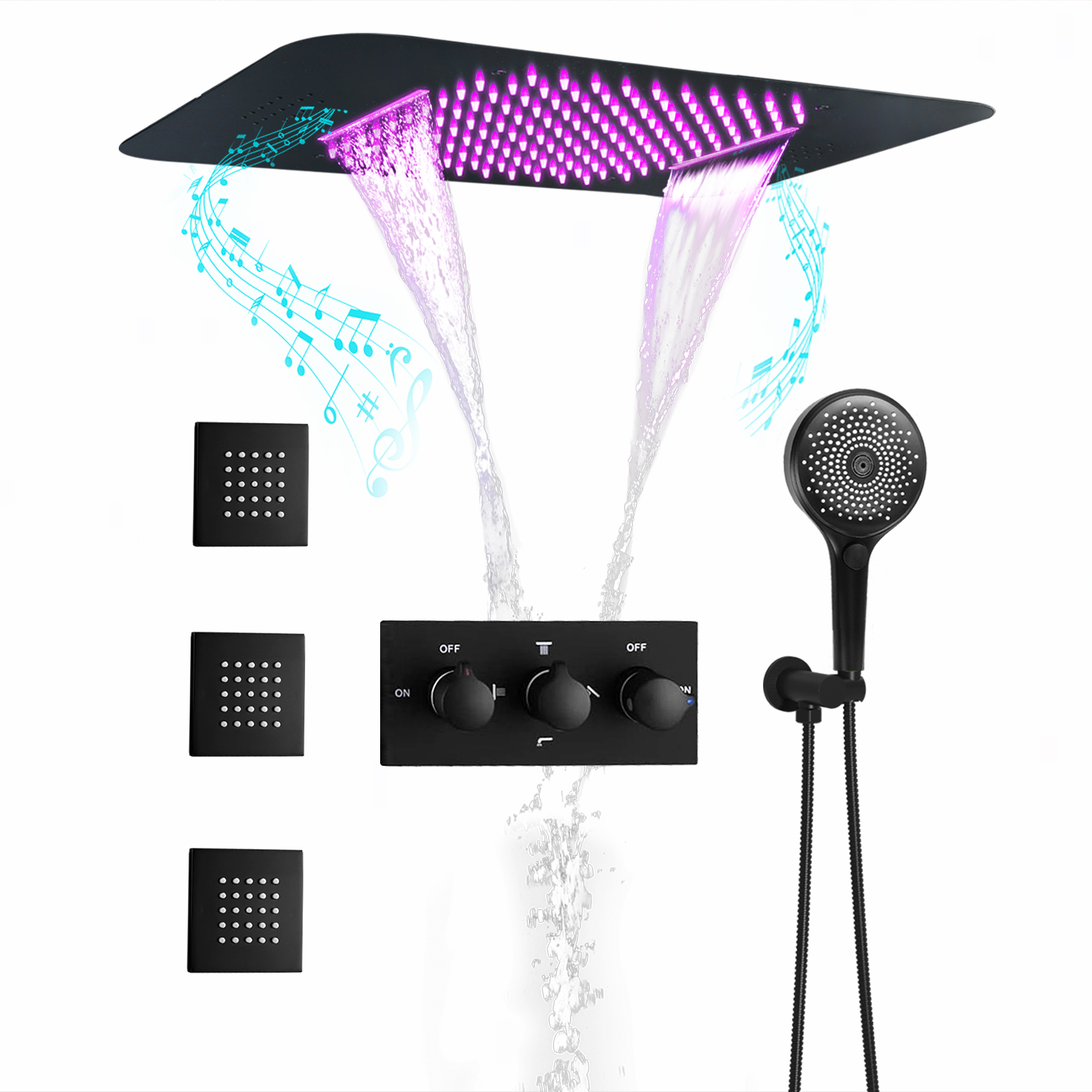 نظام شلال مياه الأمطار LED للحمام باللون الأسود الداكن ودرجة حرارة ثابتة ونظام صنبور مياه الدش المختلط طقم نفاث