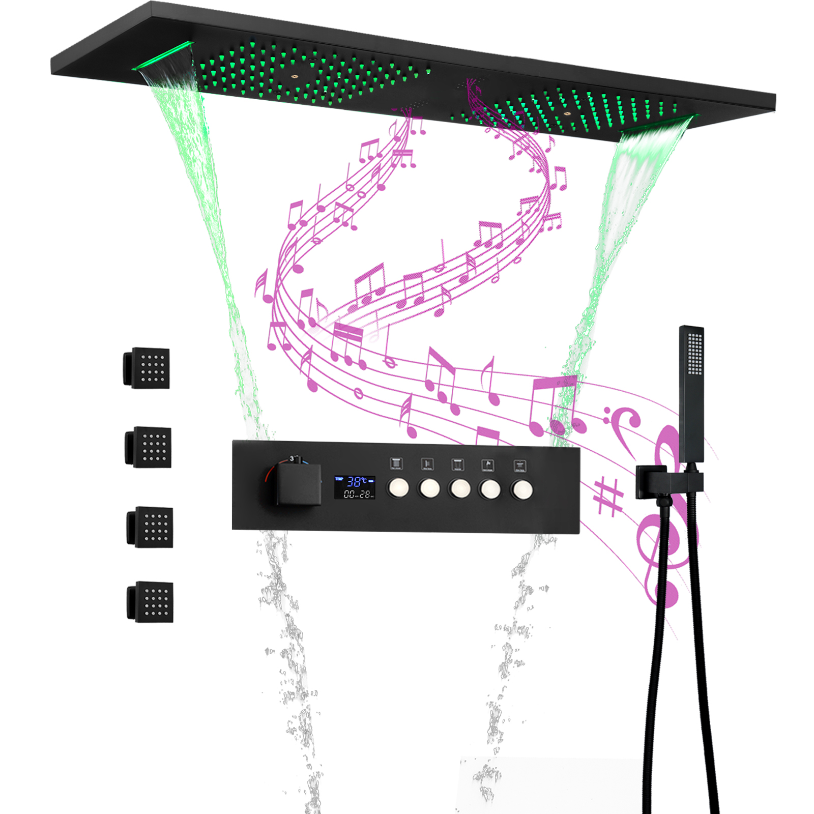 مشغل موسيقى السقف باللون الأسود الداكن مجموعة عرض القيادة للحمام والحمام متعدد الوظائف LED نظام مياه الأمطار المتبقية وشريط الزجاجات