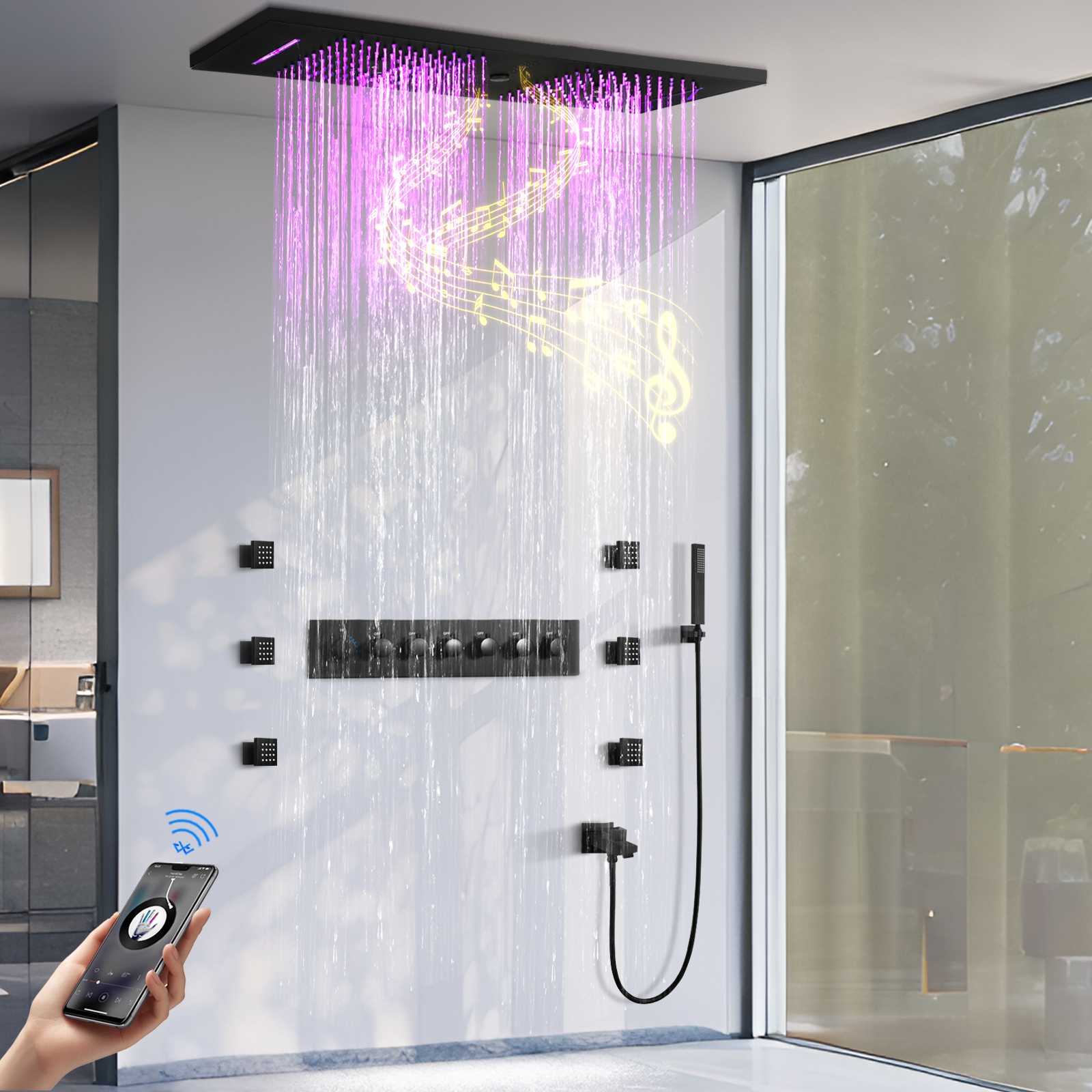 الحمام شلال الأمطار LED درجة حرارة ثابتة دش صنبور الماء مع دش طائرة ودش وظيفة الموسيقى