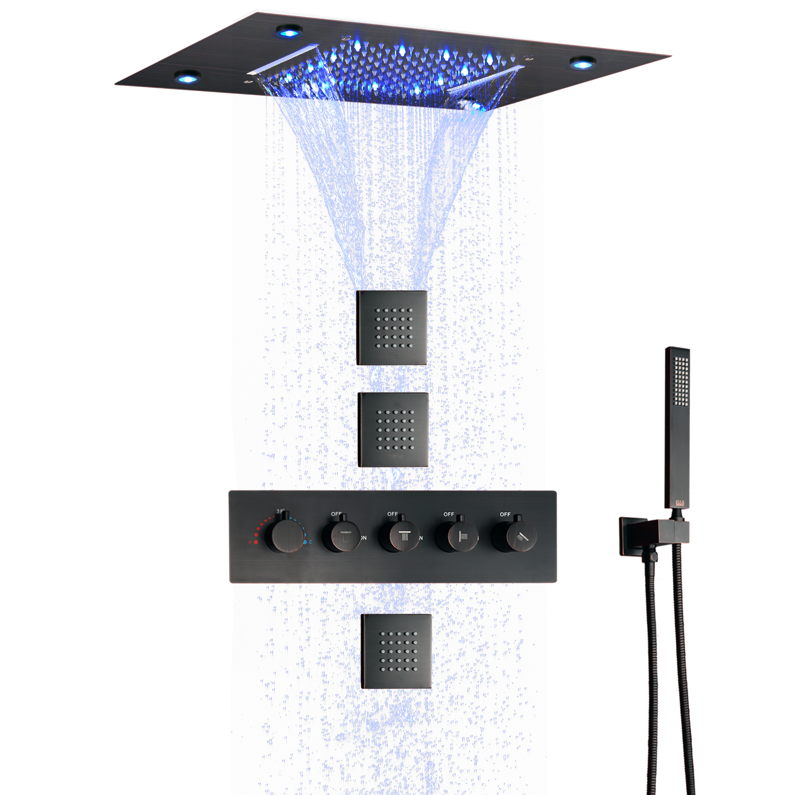نظام دش ثرموستاتي من البرونز المطلي بالزيت 50 × 36 سم مجموعة دش مخفية LEDBathroom مع سبا شلال الأمطار