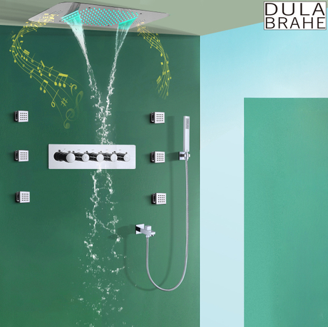 نظام دش رأس LED للموسيقى 23 * 15 بوصة مجموعات حمام ودش مطر وشلال ثرموستاتي للحمام