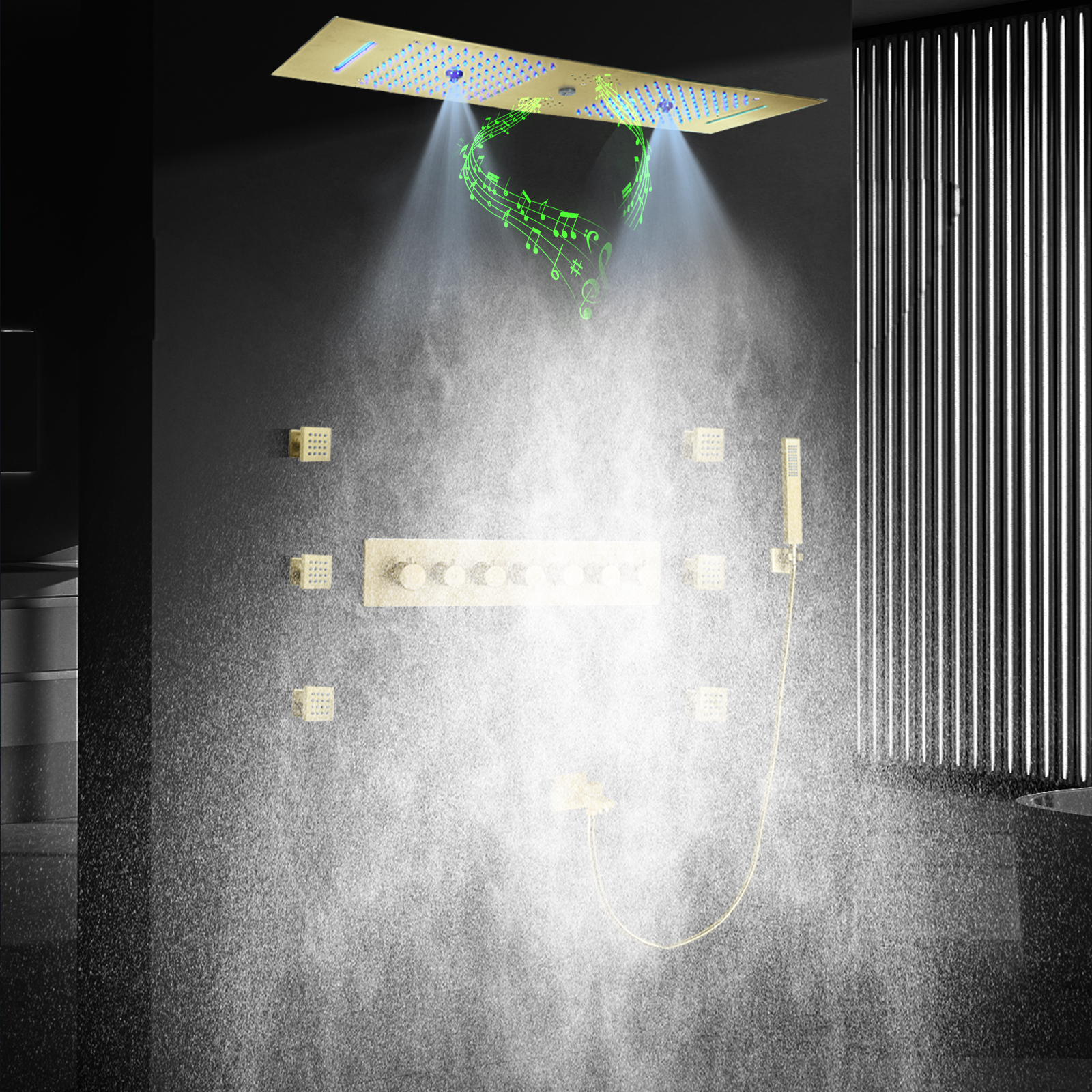 رأس دش LED ذهبي مصقول مع سماعة موسيقية مزدوجة وسقف دش مدمج للحمام مجموعة صنبور دش ثرموستاتي