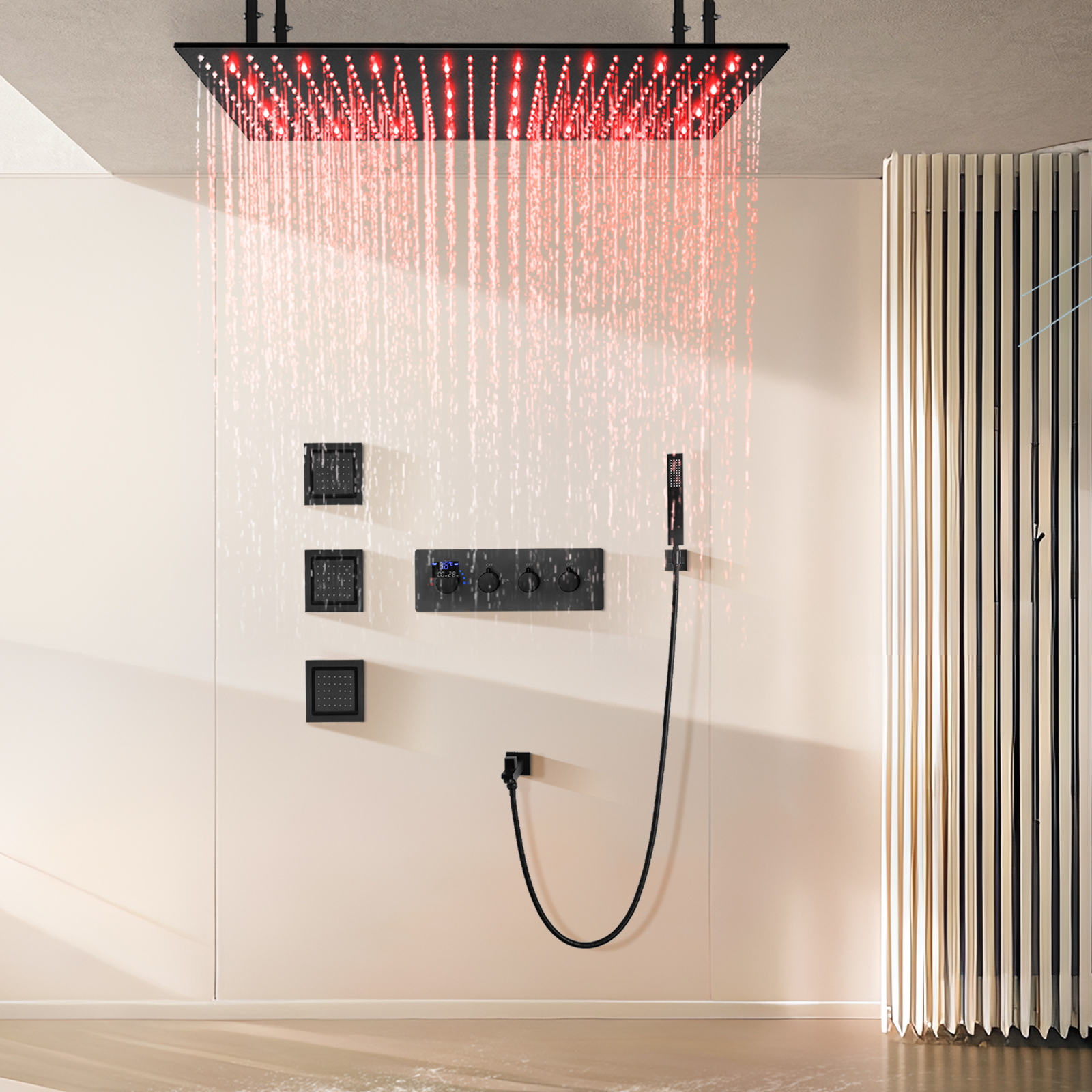 الحائط النحاس ماتي الأسود 100x50 سنتيمتر دش المطر رئيس نظام أربعة وظيفة الحمام LED دش كيت