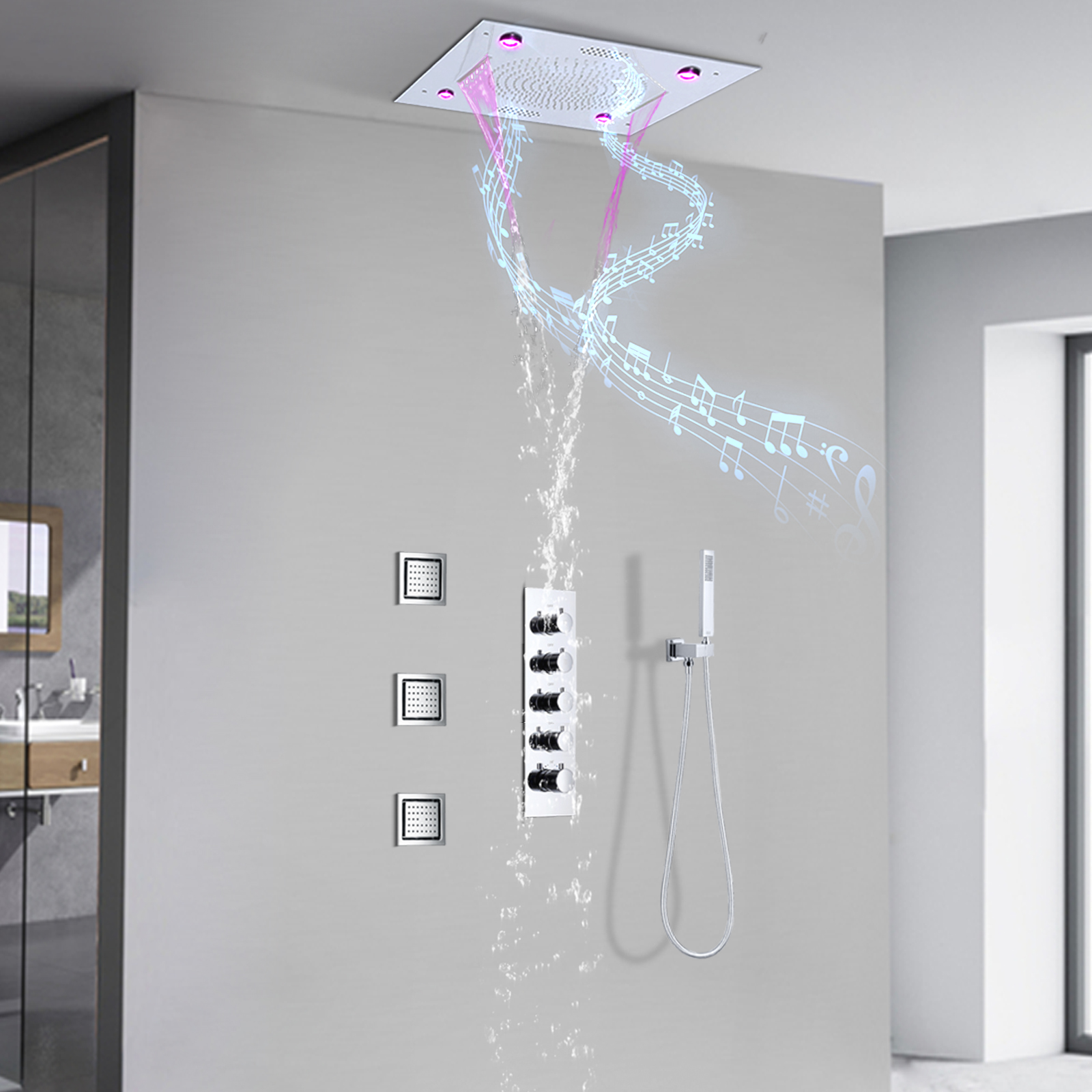 مطلي بالكروم دش صنبور نظام فوهة LED الموسيقى ترموستات دش مجموعة النحاس مجموعة دش مثبتة على الحائط