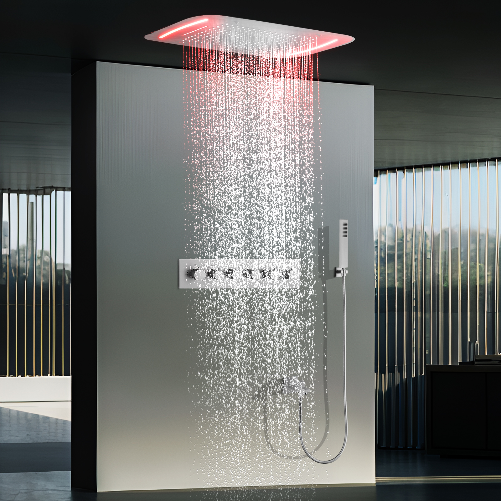 نحى النيكل 71x43 سنتيمتر LED درجة حرارة ثابتة دش رأس التنين سقف المطر عمود دش رئيس نظام عدة