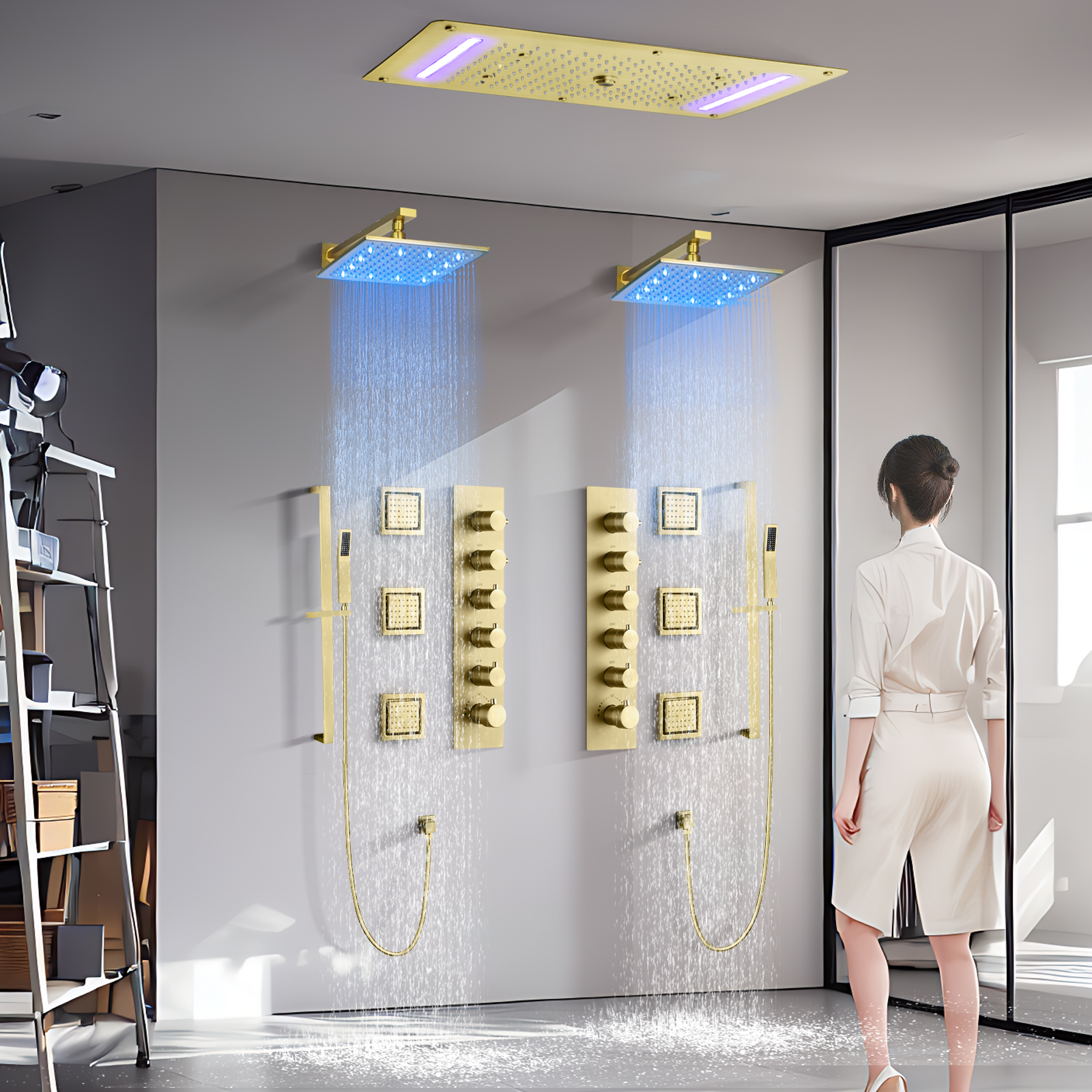 تدفق كبير جدًا LED لسقف الحمام الحديث نظام دش شلال الأمطار صنبور دش نحاسي