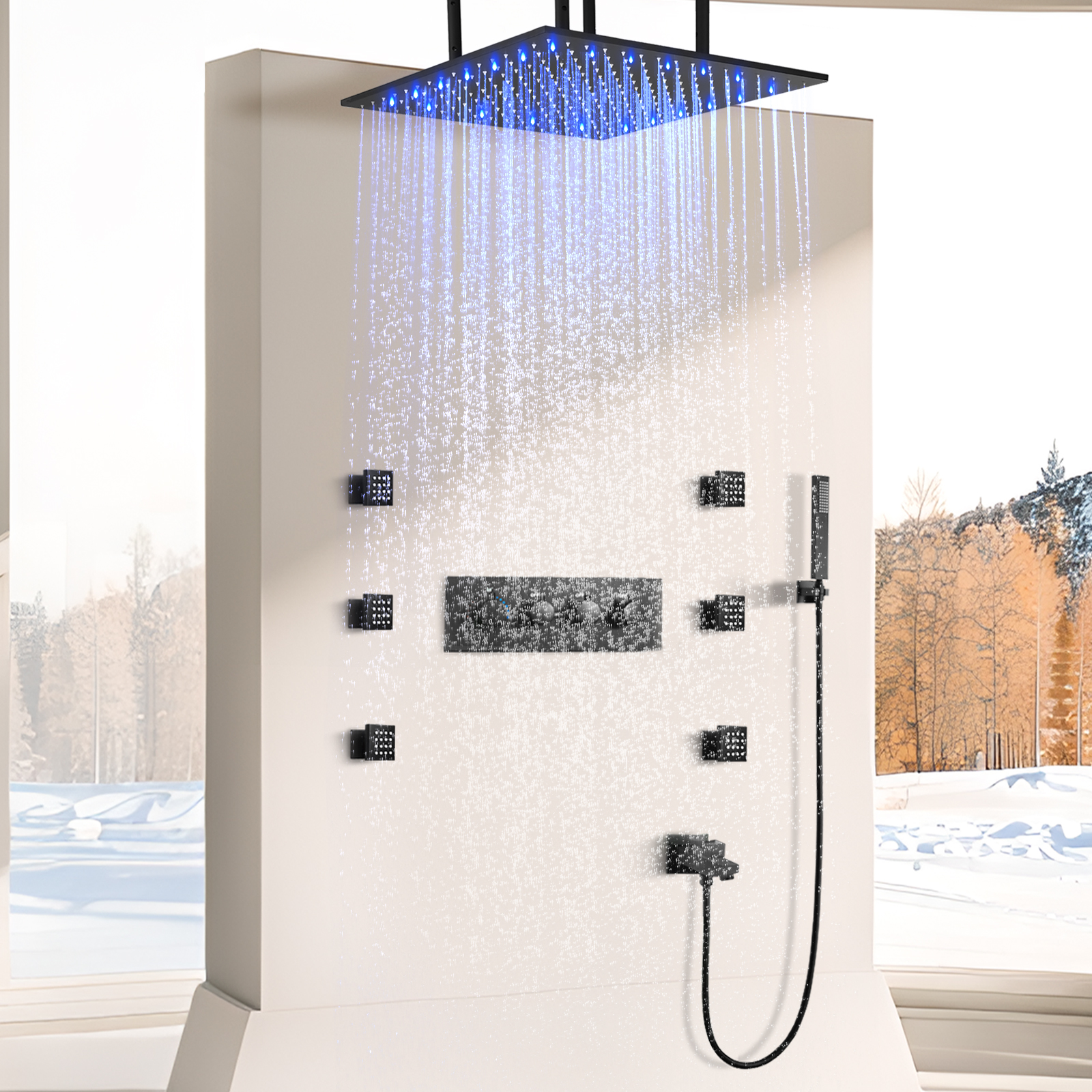 نظام دش المطر المثبت على الحائط 50 × 50 سم مع بخاخ الجسم LED دش جهاز ثابت مجموعة التنظيف صنبور مياه الدش