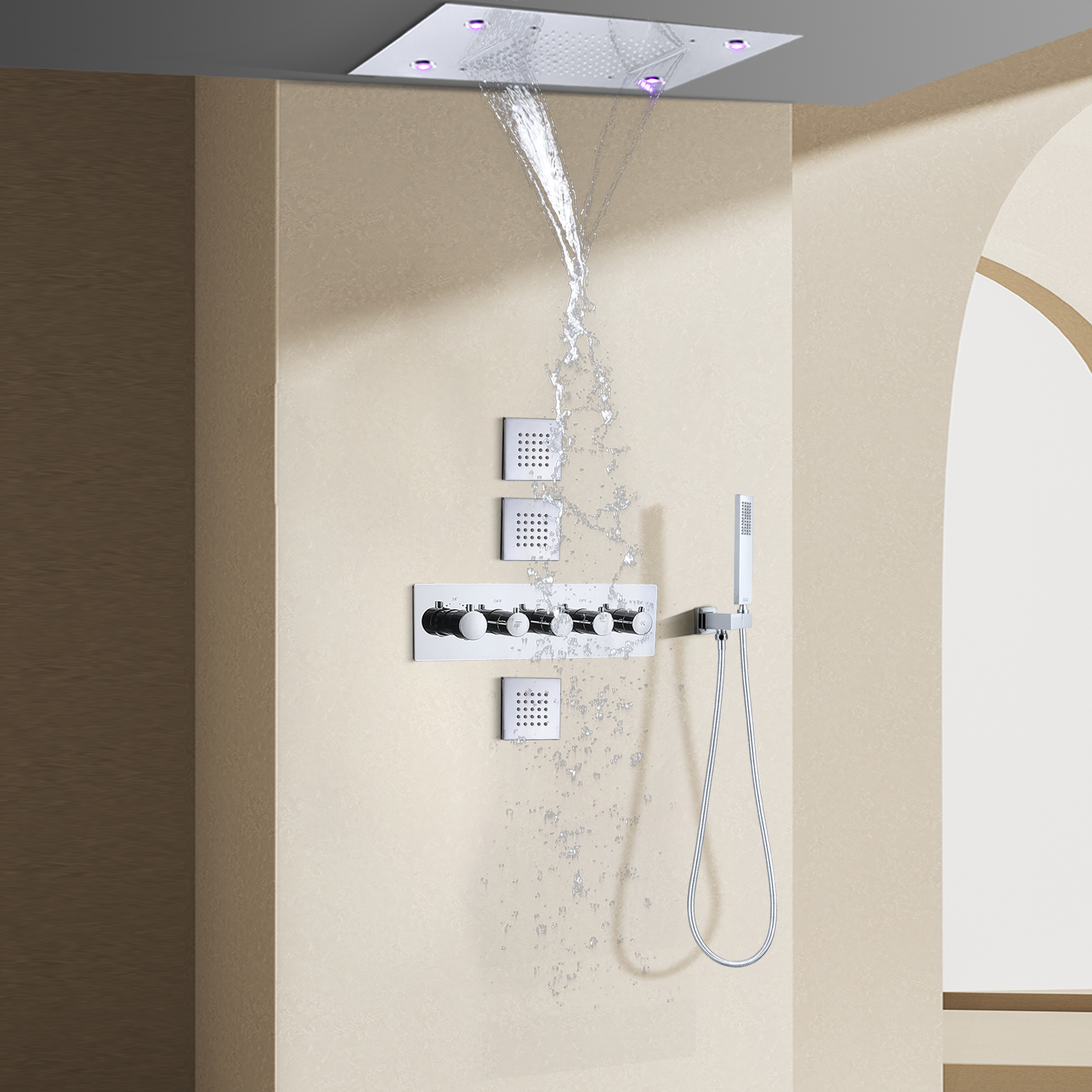 الكروم المصقول نظام دش الأمطار ثرموستاتي 14 × 20 بوصة الحمام LED مجموعة دش ثرموستاتي مع طائرات الجسم