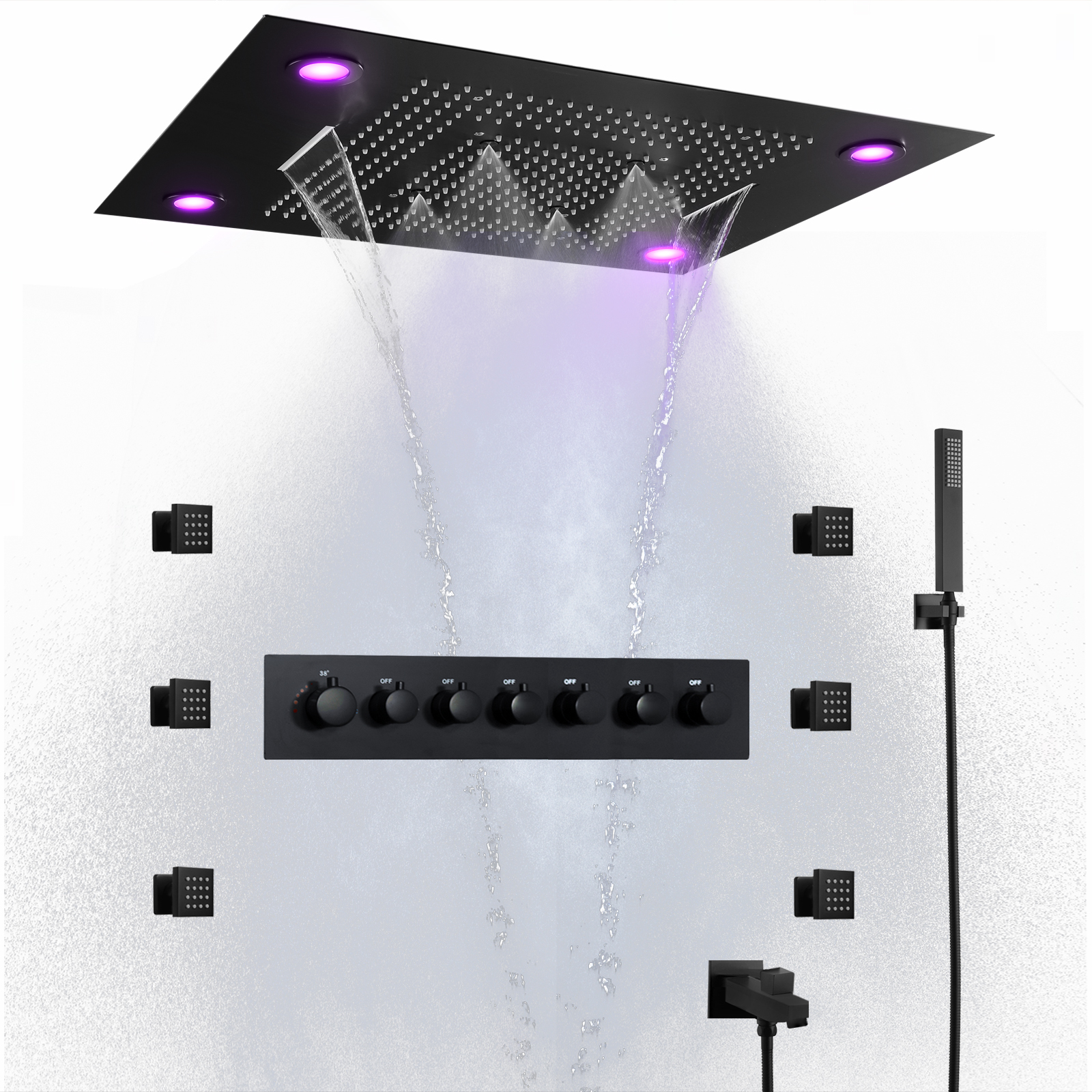 800*600 مللي متر رأس دش أسود LED نظام دش متعدد الوظائف ترموستاتي للحمام مع نفاثات جسم الدش