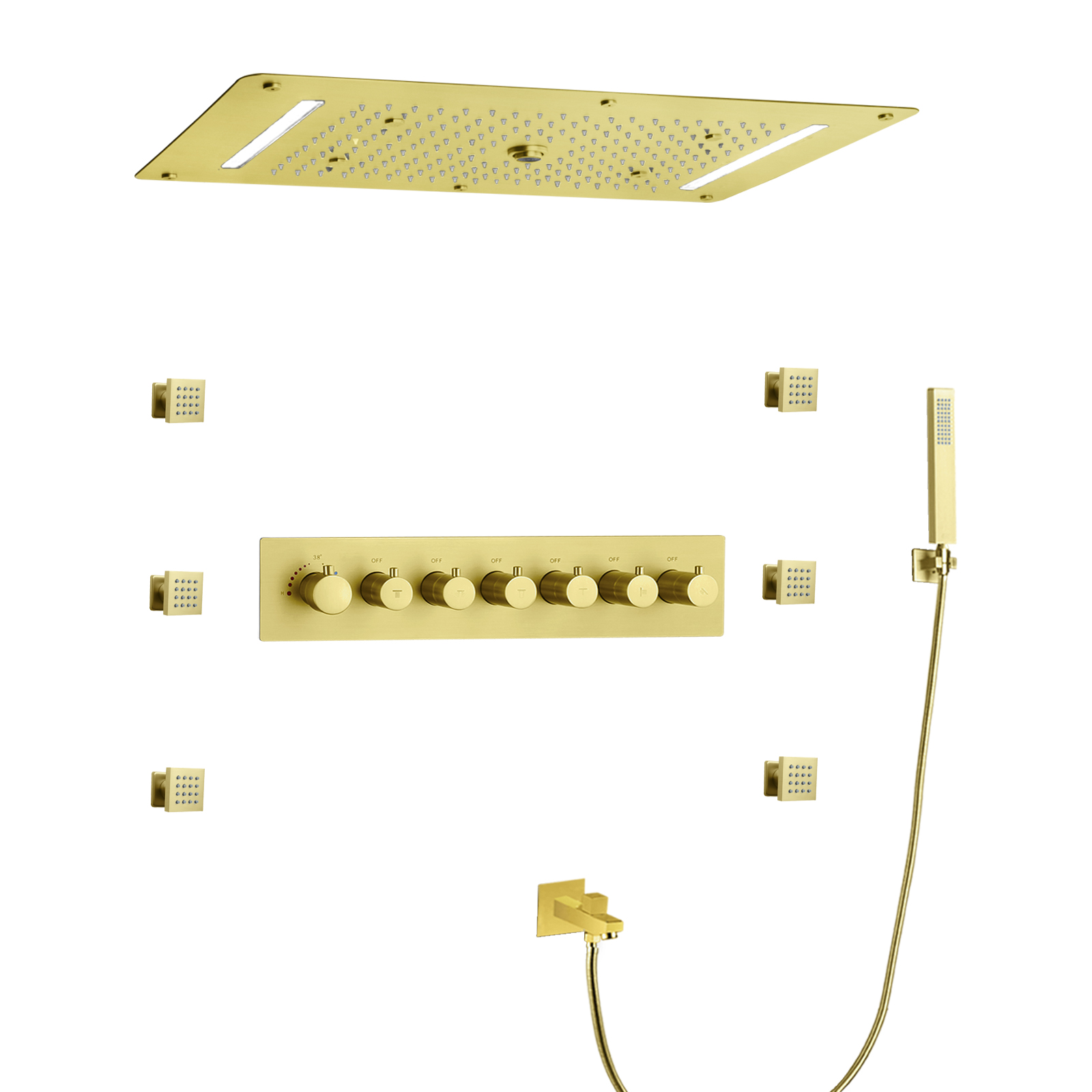 نحى الذهب درجة الحرارة دش خلاط مجموعة 70X38 سم LED الحمام متعدد الوظائف هطول الأمطار نظام دش مخفي