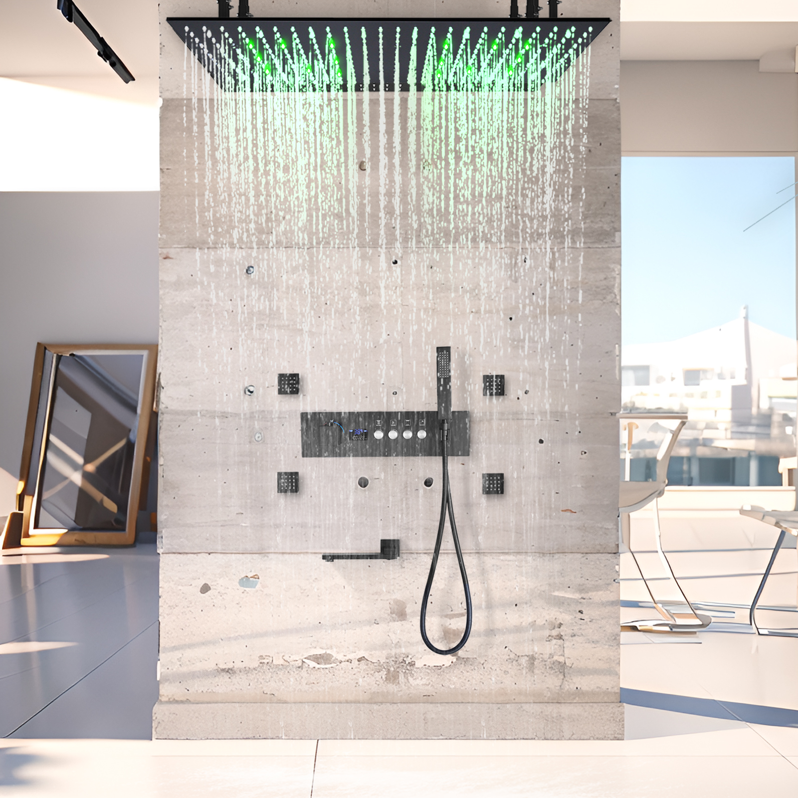 بطة سوداء درجة حرارة ثابتة LED رقم صمام دش مختلط صريح الجسم صنبور حوض استحمام مجموعة نظام رأس الدش