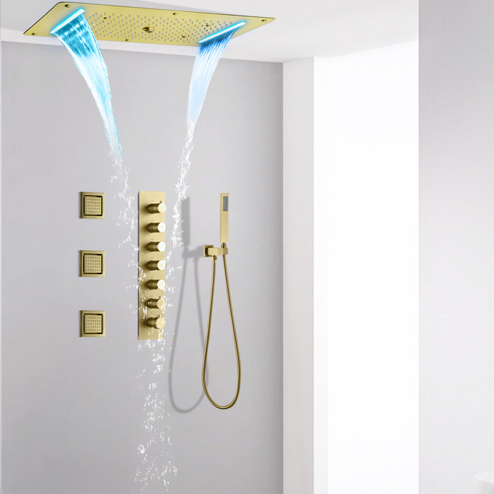 الفاخرة نحى الذهب الحمام أخفى نظام دش LED شلال المطر دش صنبور رذاذ عمود دوُش استحمام تدليك مجموعة