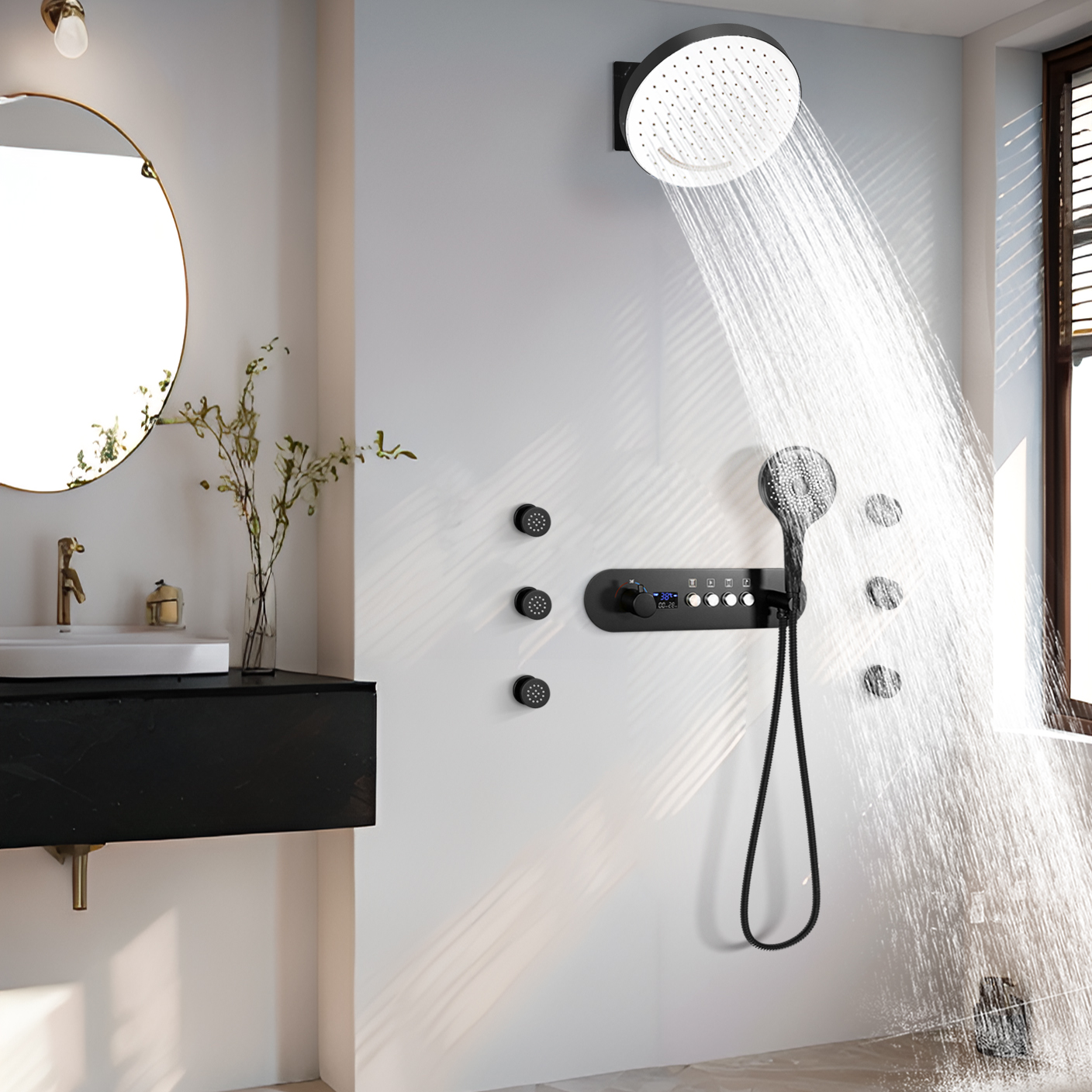 جناح غرفة الاستحمام ذو الجدار الأسود المتدفق، درجة حرارة ثابتة، صنبور مياه الدش الصريح