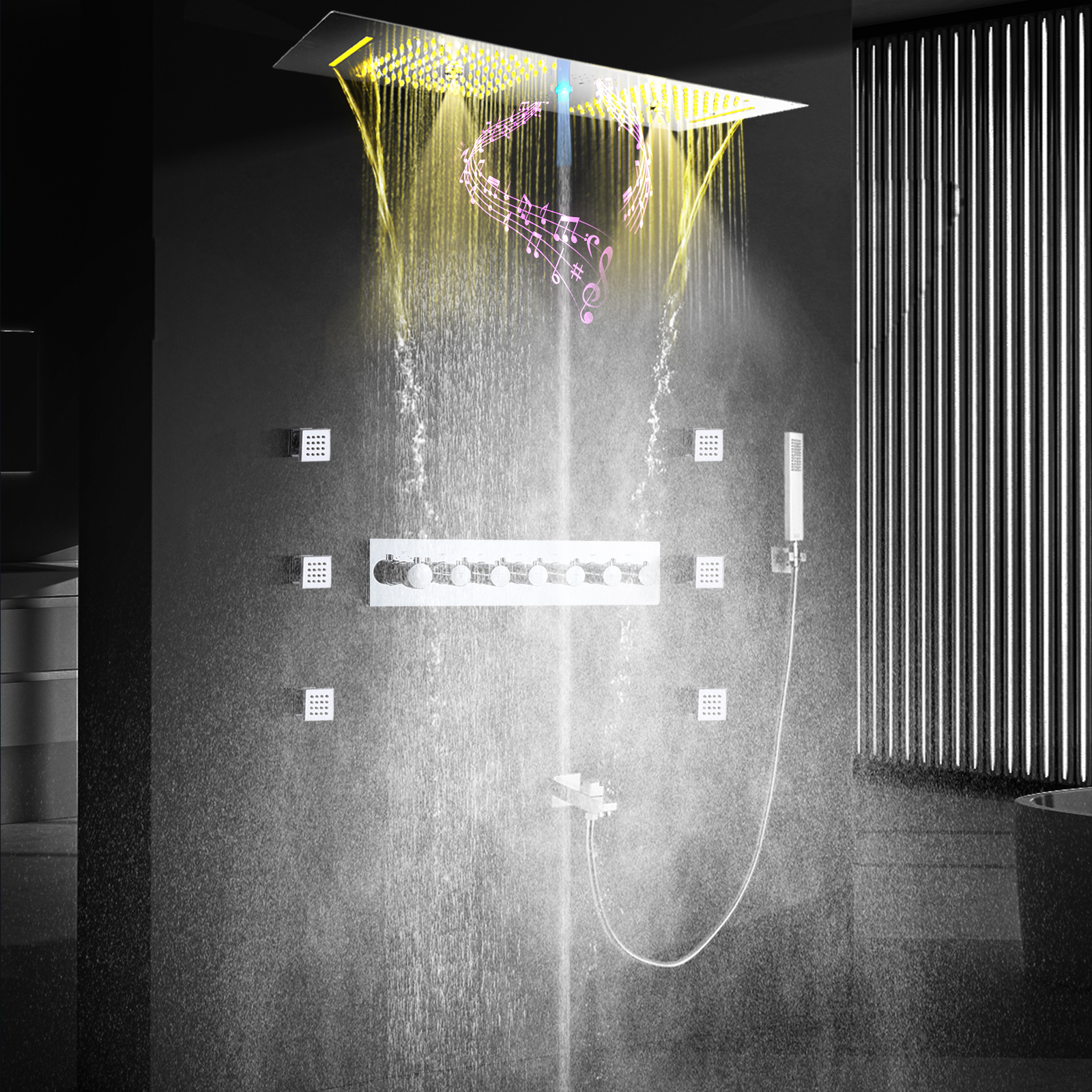 الكروم مرآة 900*300 LED رأس دش مع سماعة موسيقية سقف حمام مزدوج جزءا لا يتجزأ من الحمام دش ثرموستاتي صنبور مجموعة