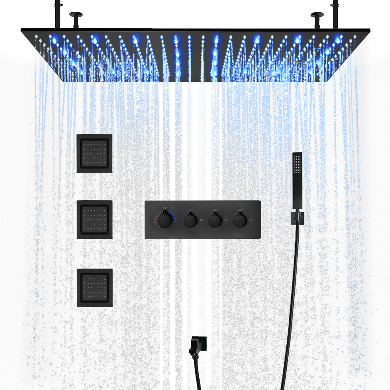 الحائط النحاس ماتي الأسود 100x50 سنتيمتر دش المطر رئيس نظام أربعة وظيفة الحمام LED دش كيت