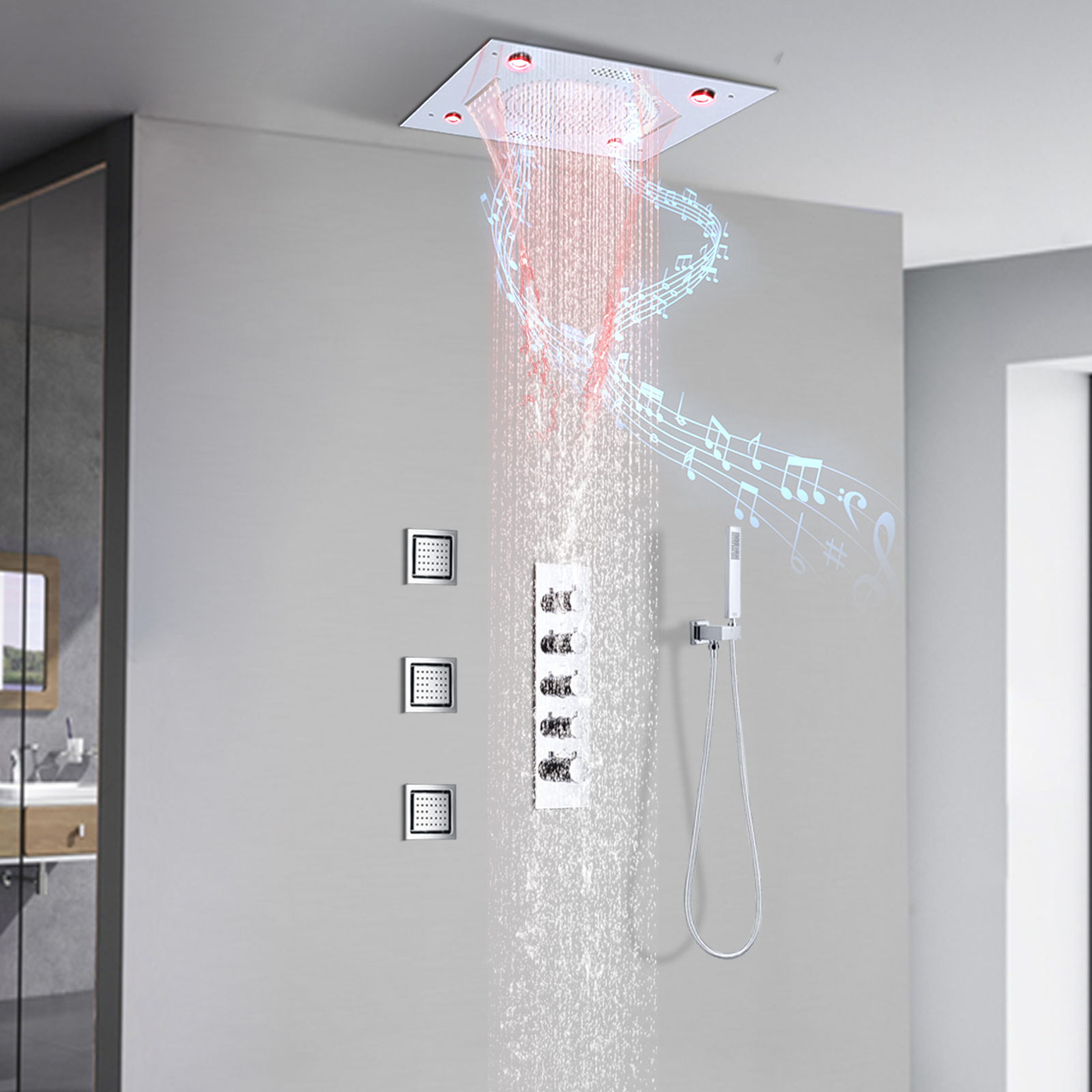 مطلي بالكروم دش صنبور نظام فوهة LED الموسيقى ترموستات دش مجموعة النحاس مجموعة دش مثبتة على الحائط