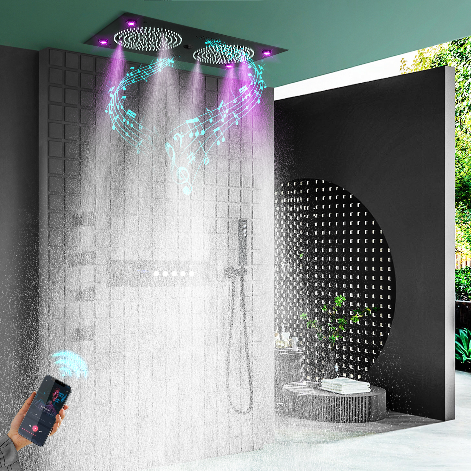 مجموعة نظام الدش الأسود اللامع مقاس 24.5 × 12.5 بوصة للحمام LED رأس دش مياه الأمطار من النحاس وبخاخ صنبور الماء الدافئ الفاخر