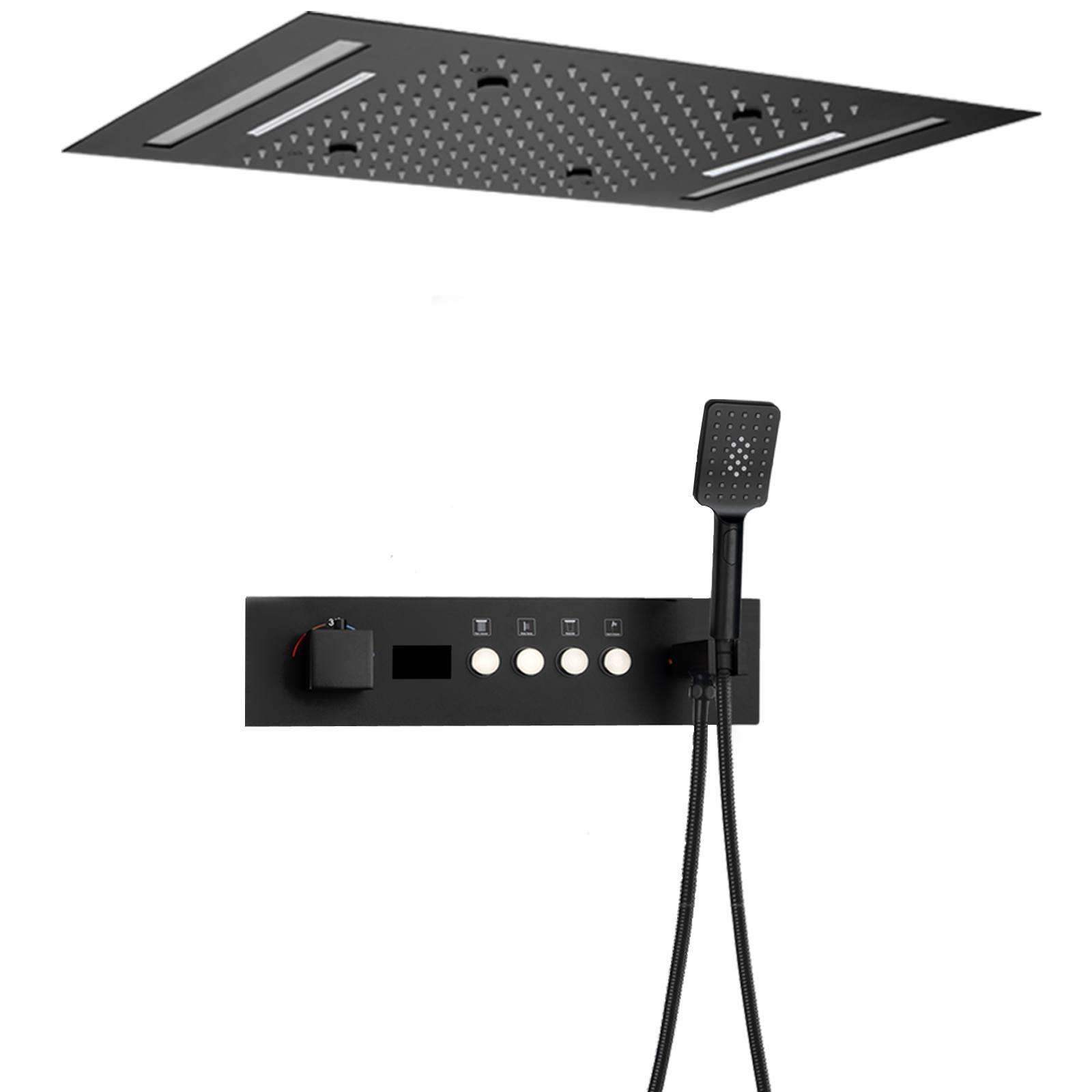 شاشة عرض LED باللون الأسود غير اللامع، مجموعة صنبور دش رقمية بدرجة حرارة ثابتة، نظام تدليك بمياه الأمطار ذو 4 وظائف