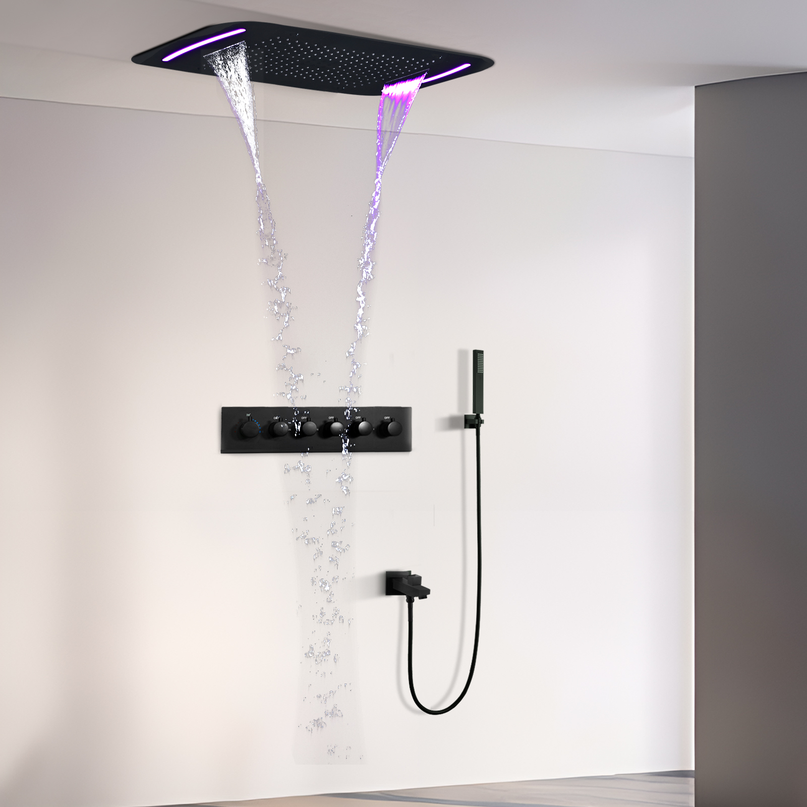 71x43 سنتيمتر الأسود LED أدوات الدش مجموعة مع السقف تدليك كبير درجة حرارة ثابتة شلال مياه الأمطار دش رئيس خلاط صنبور