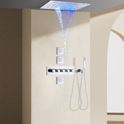 الكروم المصقول نظام دش الأمطار ثرموستاتي 14 × 20 بوصة الحمام LED صنبور دش ثرموستاتي مع صمام
