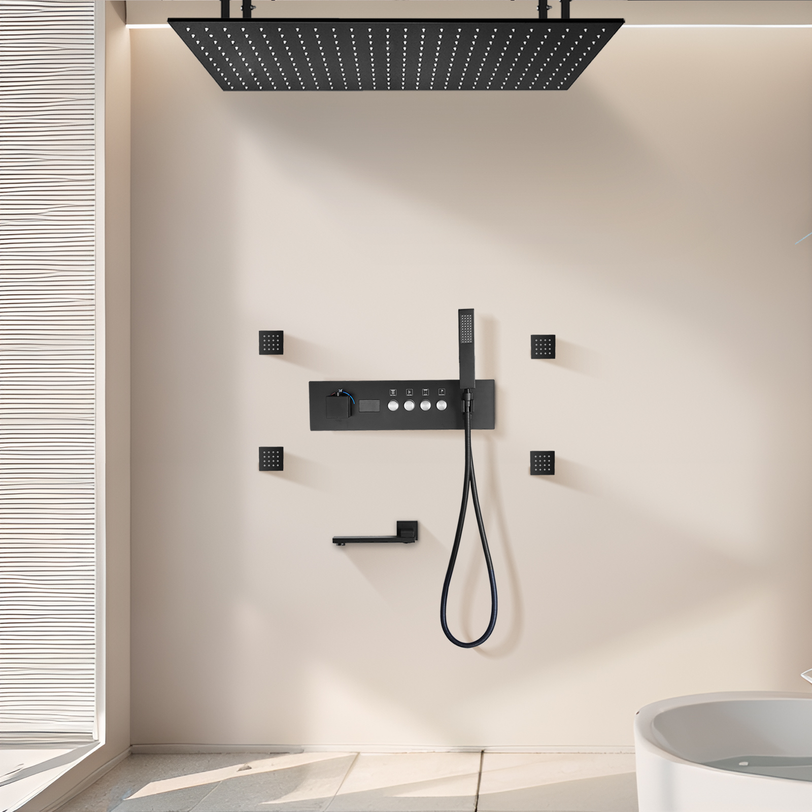 الحمام شنقا نظام صنبور الدش درجة حرارة ثابتة LED رأس دش مياه الأمطار الشريط مطوية من مدخل المياه