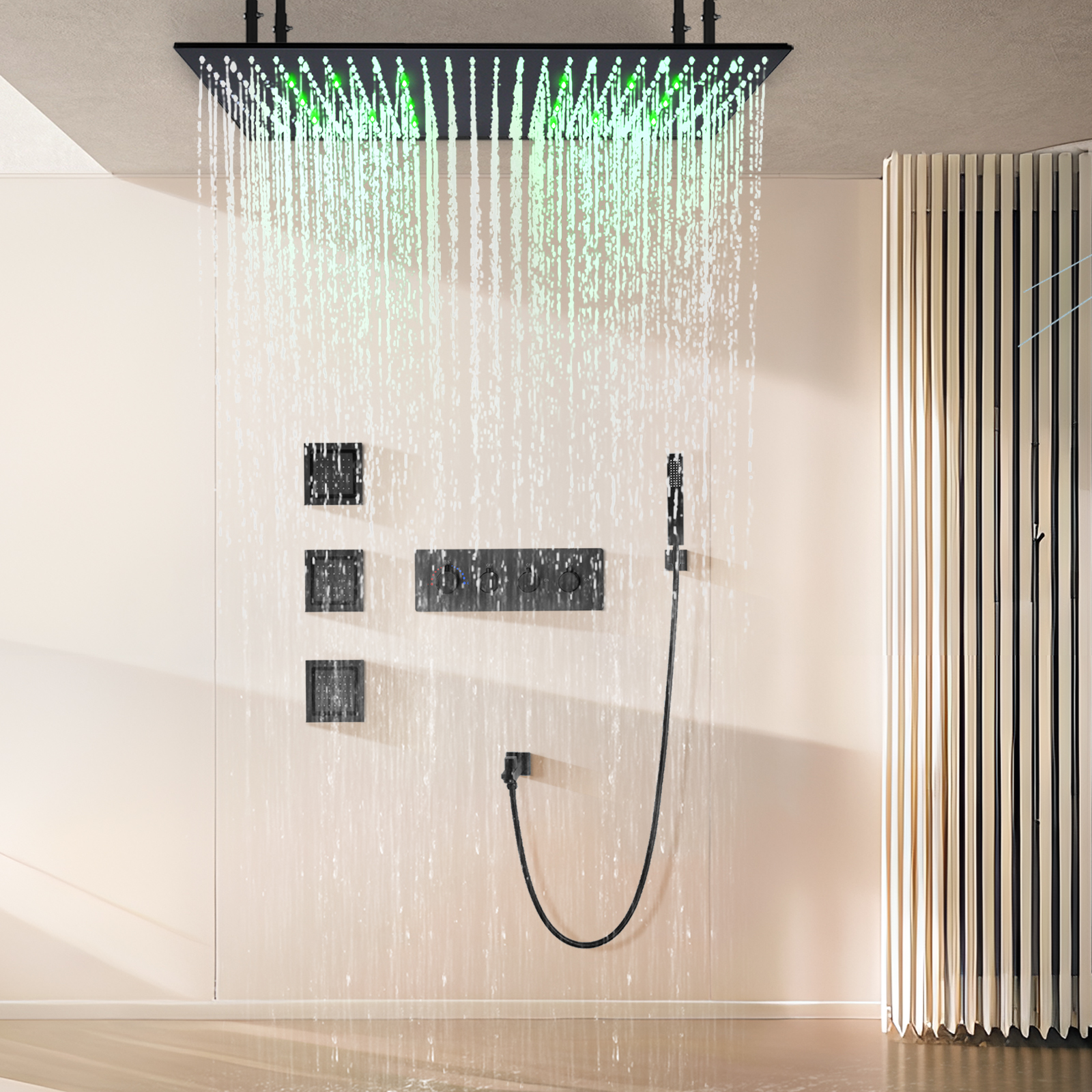 الحائط النحاس ماتي الأسود 100x50 سنتيمتر دش المطر رئيس نظام أربعة وظيفة الحمام LED دش كيت