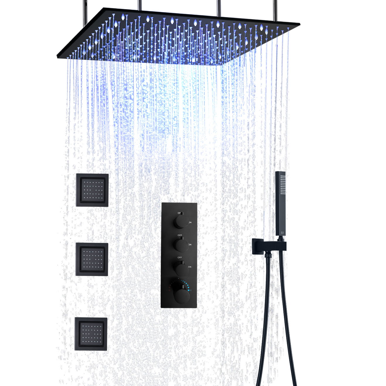 نظام دش الحمام المربع المثبت على الحائط، مجموعة صنبور دش ثرموستاتي LED، فوهة تدليك حوض الاستحمام المطري
