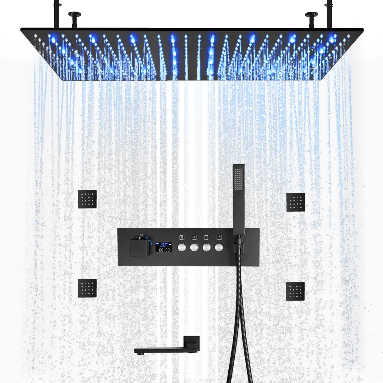 الحمام شنقا نظام صنبور الدش درجة حرارة ثابتة LED رأس دش مياه الأمطار الشريط مطوية من مدخل المياه