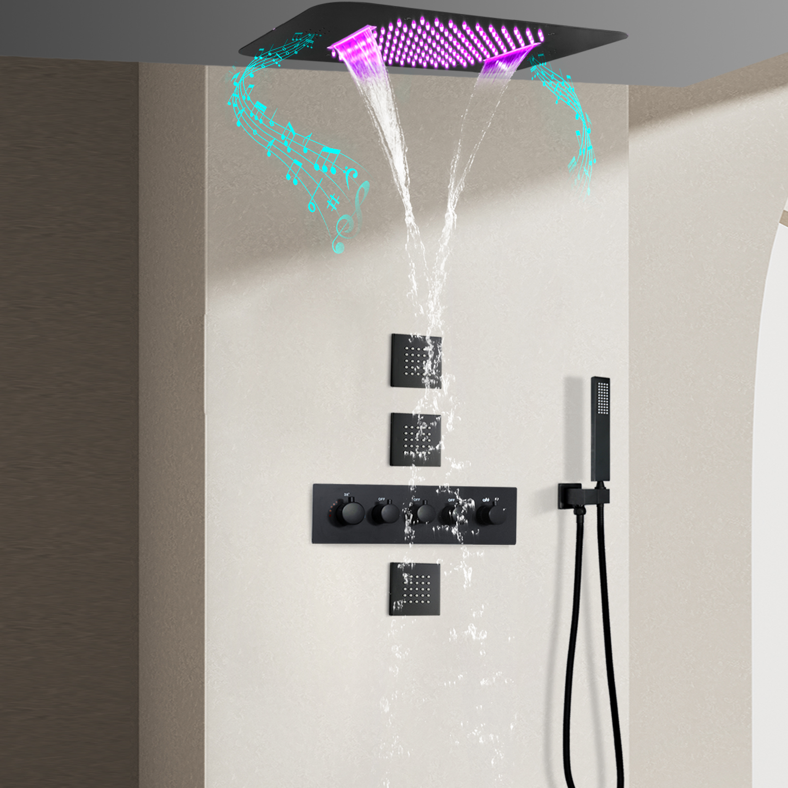 مجموعة دش LED متعددة الوظائف لحوض الاستحمام بالحرارة من Black Music مع دش يدوي