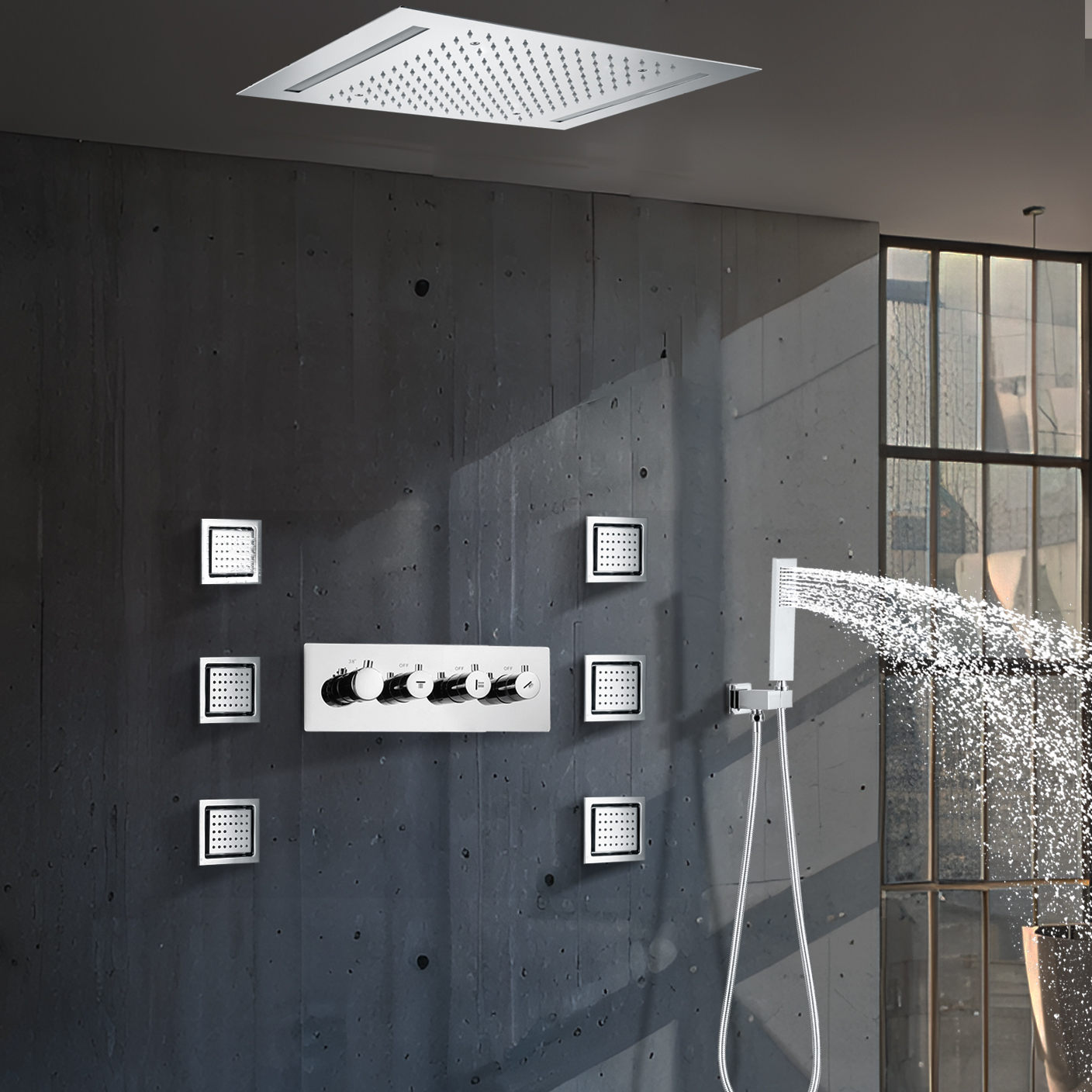 مطلي بالكروم 50x36 سنتيمتر تركيب السقف LED مربع التدفئة صمام الأمطار دش نظام صنبور المياه