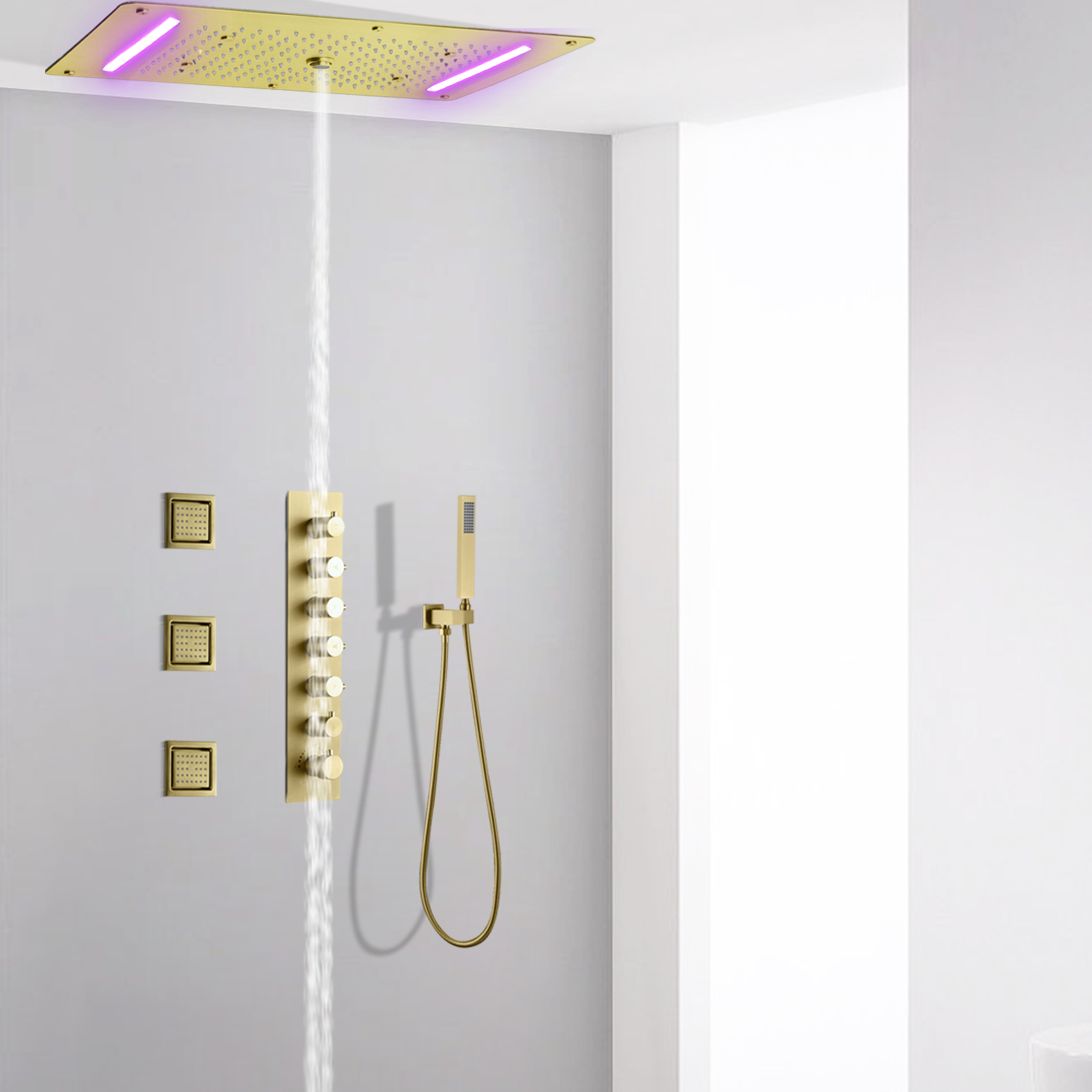 الفاخرة نحى الذهب الحمام أخفى نظام دش LED شلال المطر دش صنبور رذاذ عمود دوُش استحمام تدليك مجموعة