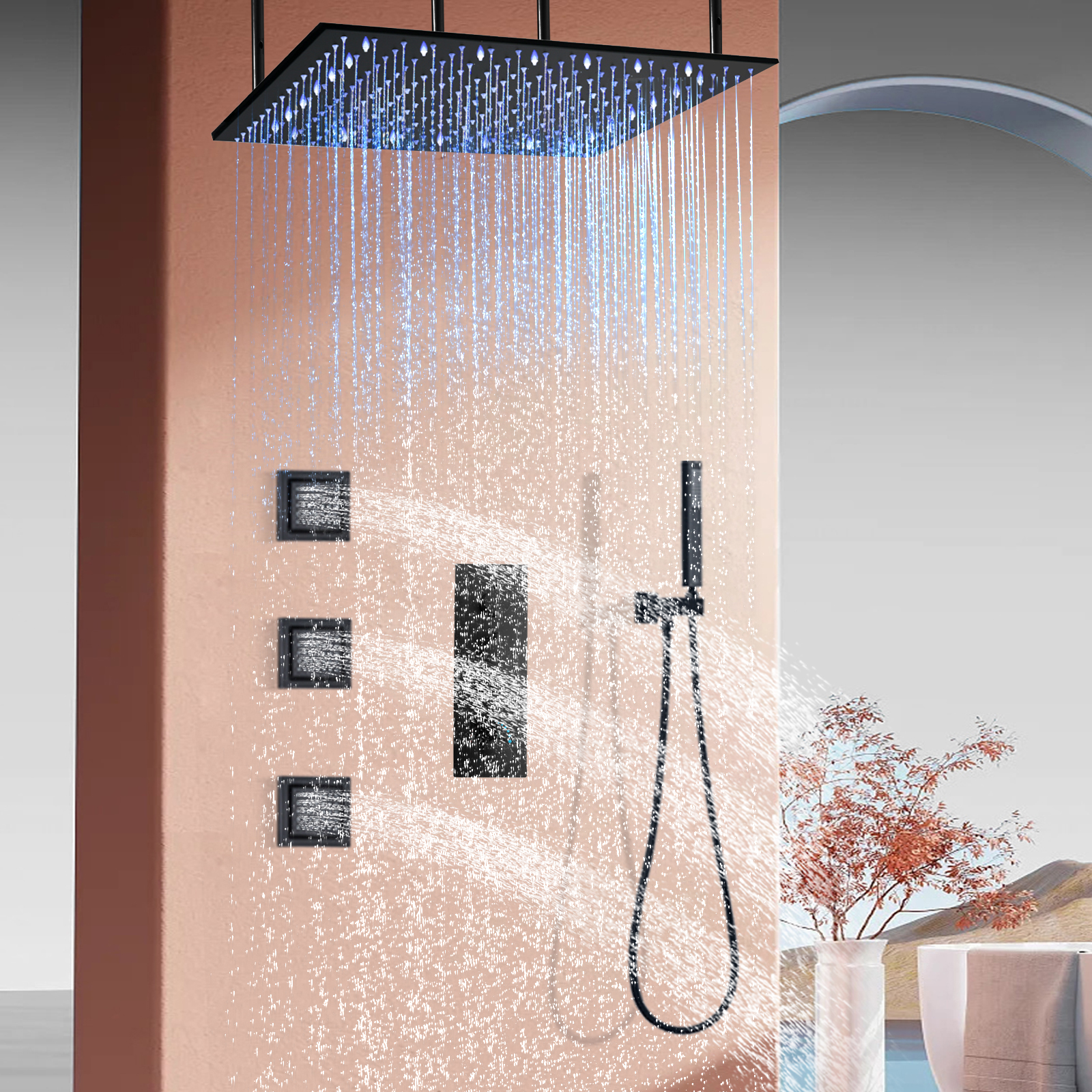 نظام دش الحمام المربع المثبت على الحائط، مجموعة صنبور دش ثرموستاتي LED، فوهة تدليك حوض الاستحمام المطري