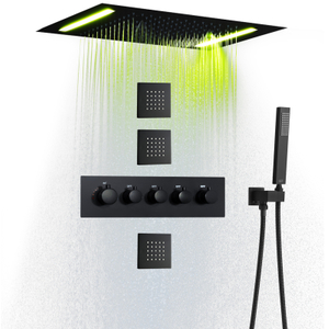 نظام دش المطر الأسود غير اللامع Set14X20 بوصة حمام كبير LED رأس دش نحاسي فاخر صنبور ثرموستاتي رسالة البخاخ