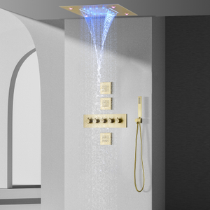 نظام دش المطر الترموستاتي الذهبي المصقول مقاس 14 × 20 بوصة، خلاط حمام رأس دش شلال الأمطار LED