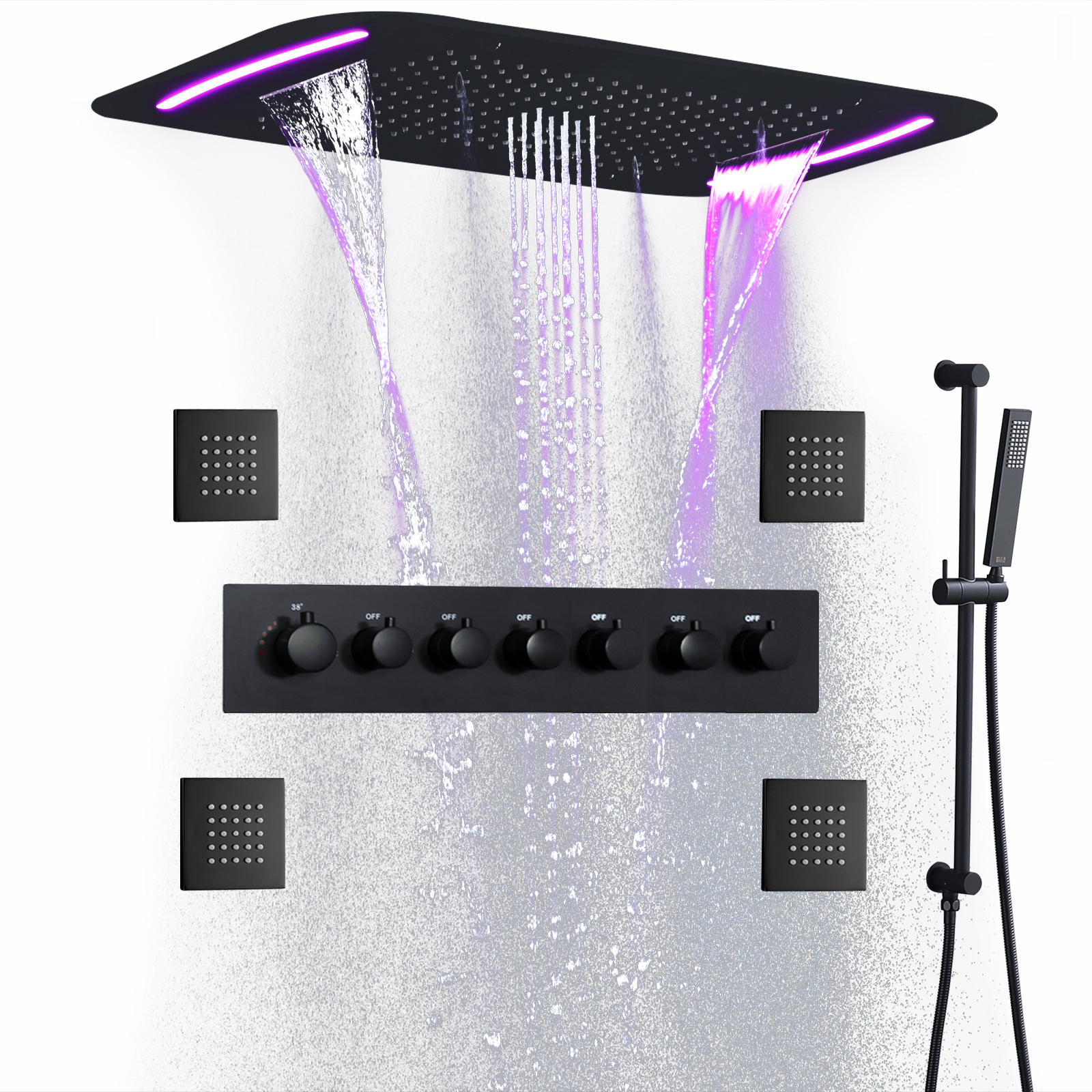 مجموعة نظام دش أسود غير لامع ترموستاتي مقاس 28 × 17 بوصة رأس دش مطري كبير لشلال الحمام مع لوحة LED