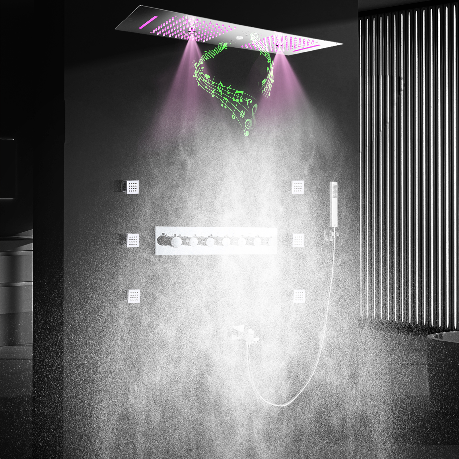 الكروم مرآة 900*300 LED رأس دش مع سماعة موسيقية سقف حمام مزدوج جزءا لا يتجزأ من الحمام دش ثرموستاتي صنبور مجموعة