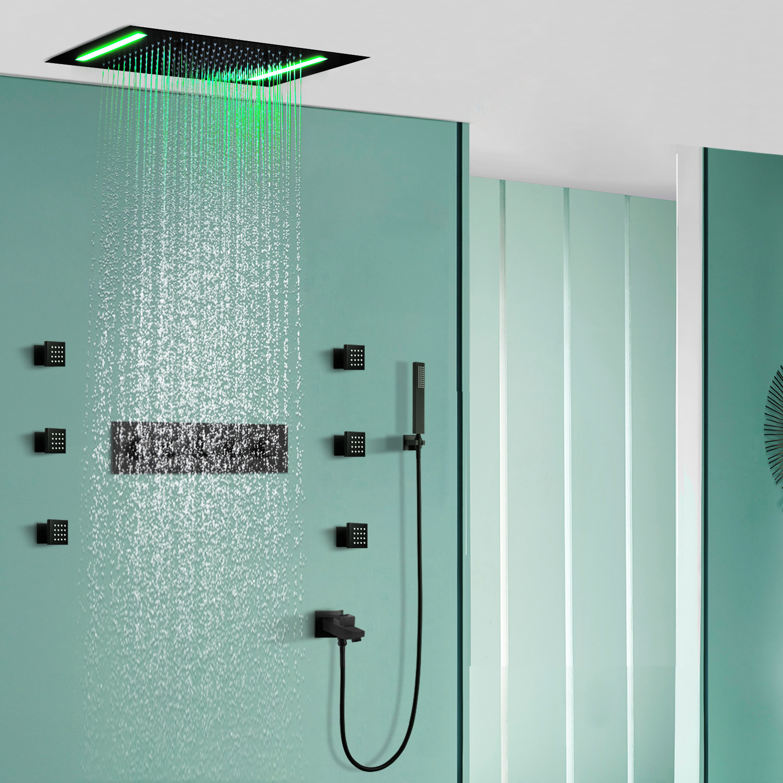 نظام دش بدرجة حرارة ثابتة باللون الأسود غير اللامع مقاس 50 × 36 سم يناسب نظام الدش متعدد الوظائف LED للحمام