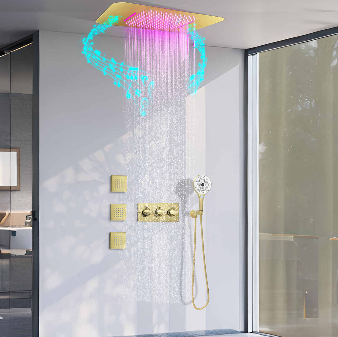سقف الحمام الحديث LED الموسيقى المطر النفاثة عدة نظام مخفي درجة حرارة ثابتة دش صنبور الماء نظام عدة النفاثة