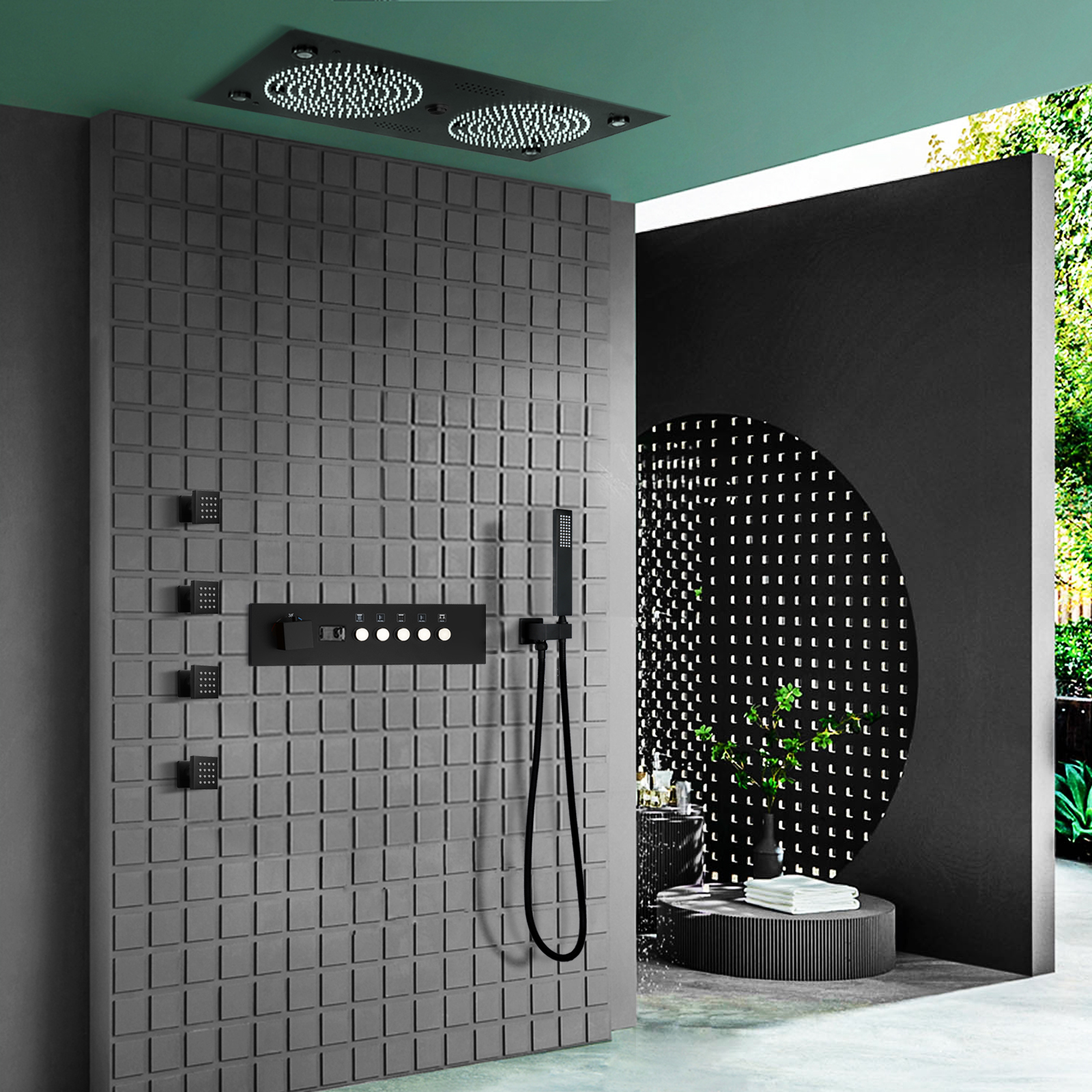 مجموعة نظام الدش الأسود اللامع مقاس 24.5 × 12.5 بوصة للحمام LED رأس دش مياه الأمطار من النحاس وبخاخ صنبور الماء الدافئ الفاخر